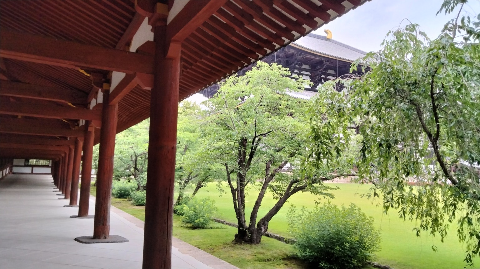 Traditional building corridor with garden view featuring green trees