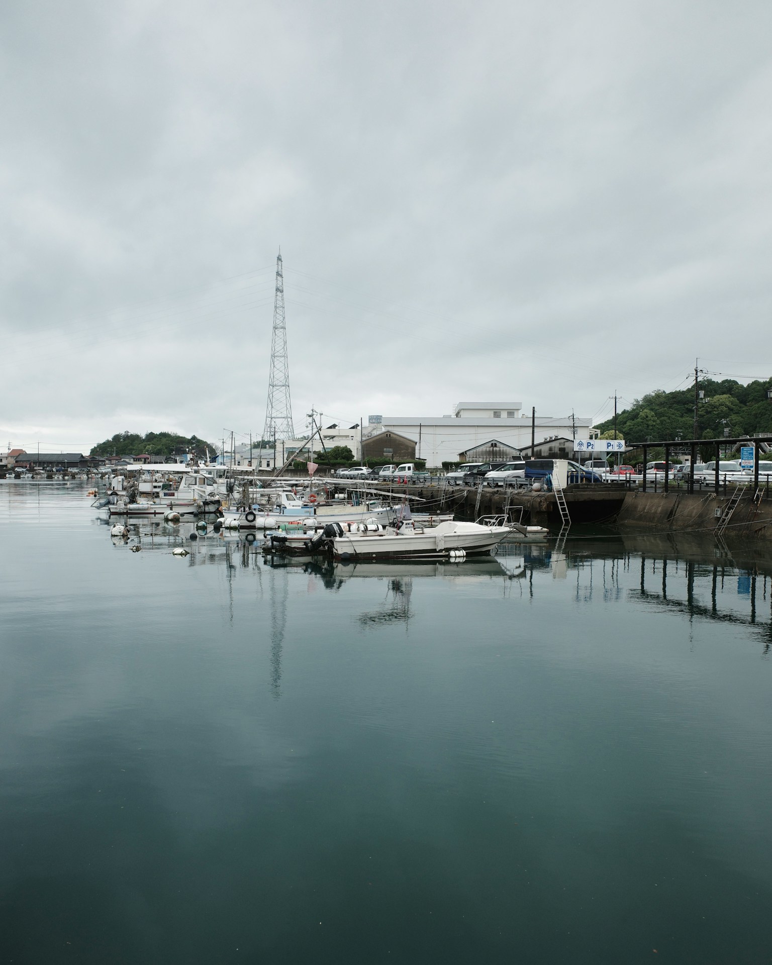 Puerto tranquilo con botes amarrados y cielo nublado