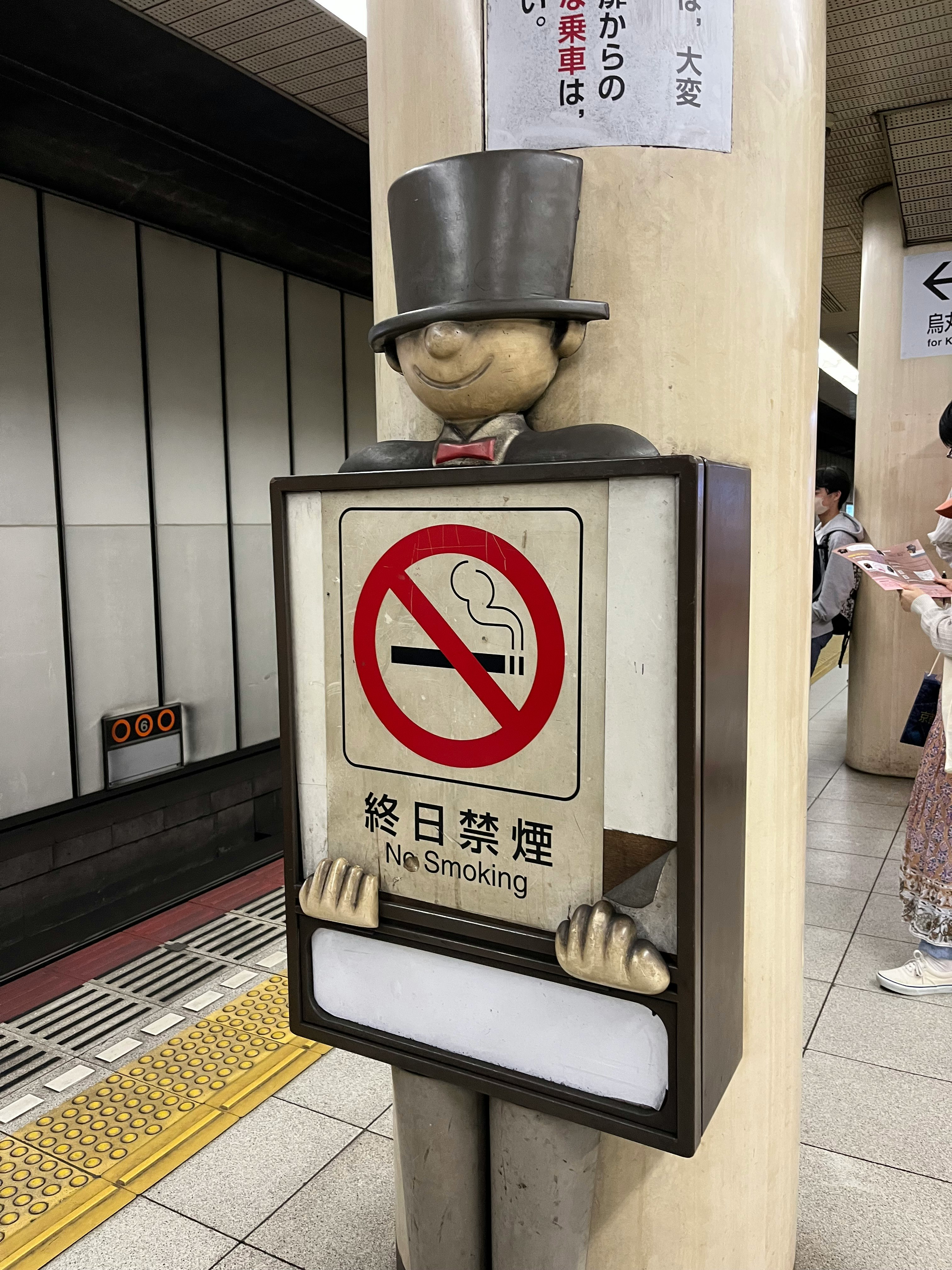 禁煙マークのある喫煙禁止の案内ボックスと歩道の通路