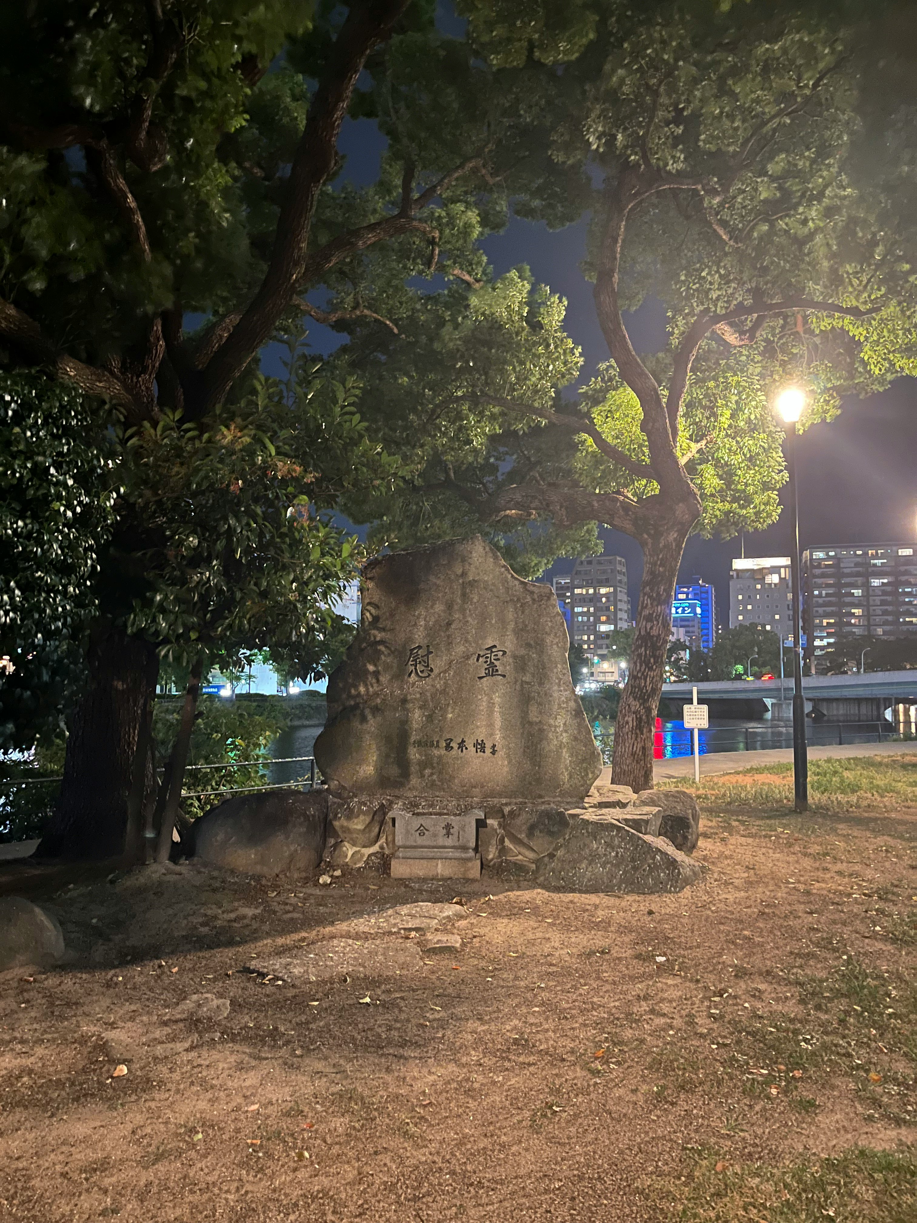 公園石碑與行道樹，夜晚城市天際線