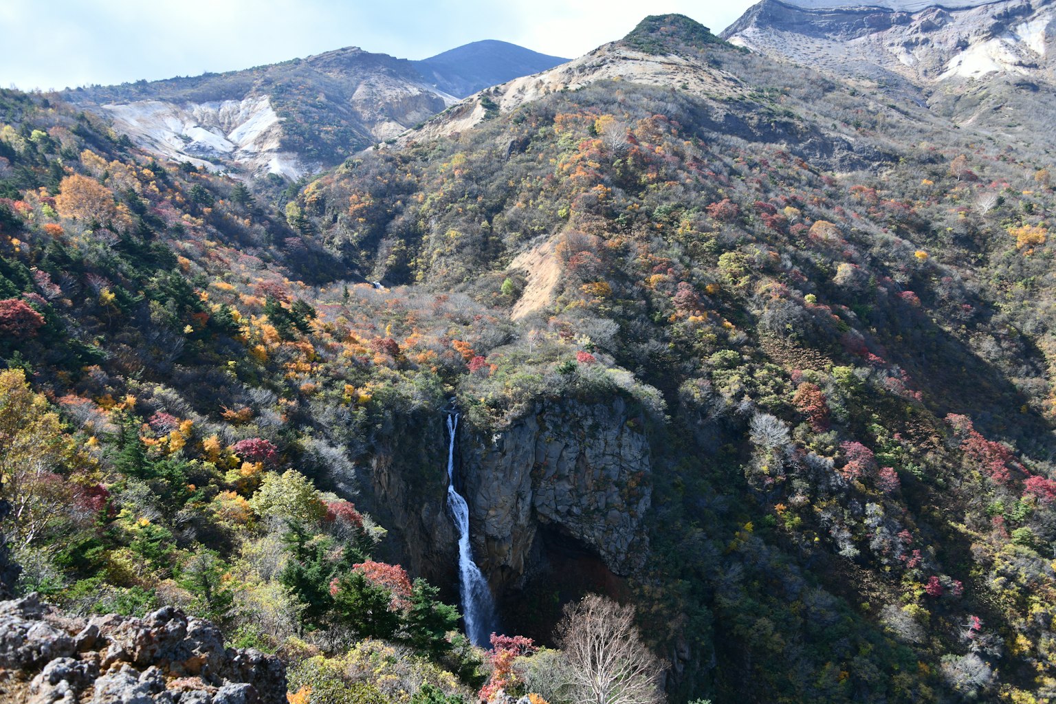 秋季树叶环绕的山脉和瀑布的风景