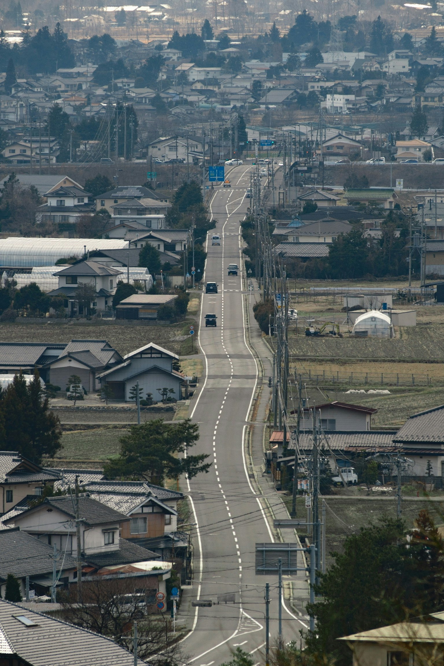 Rural landscape in Japan featuring a long road and houses