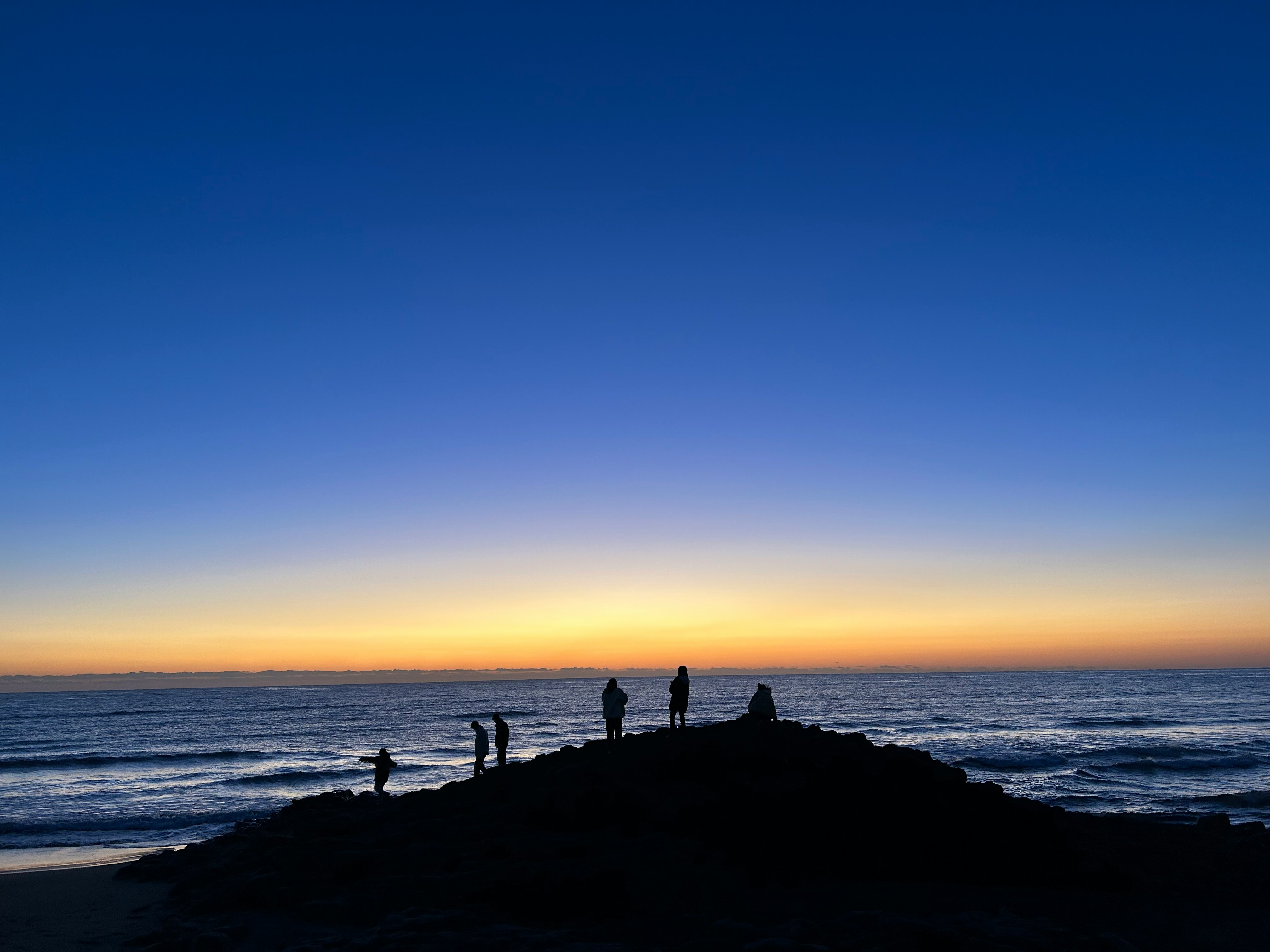 夕暮れの海辺に立つ人々と水平線のシルエット
