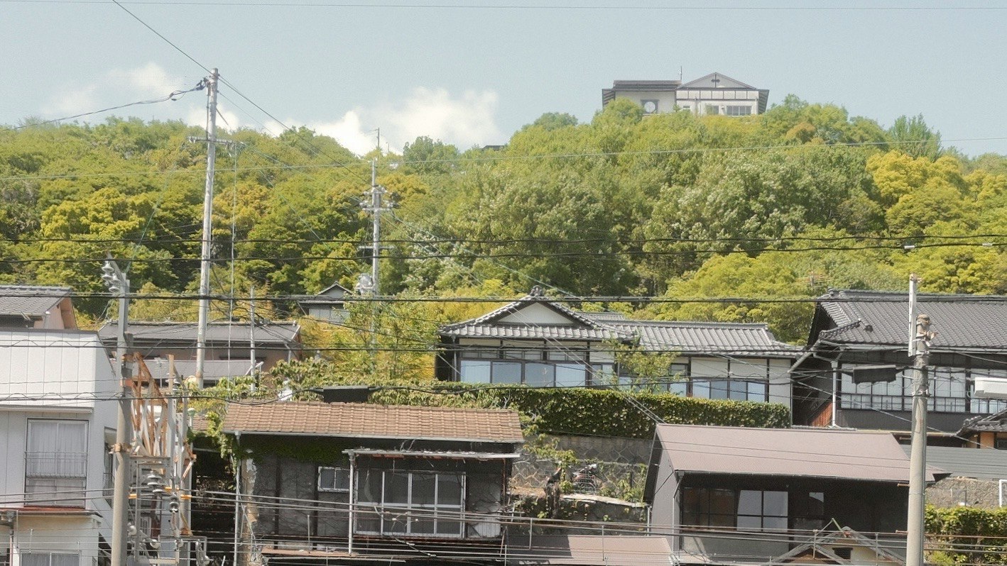 緑の丘の麓に広がる日本家屋の屋根と街並み