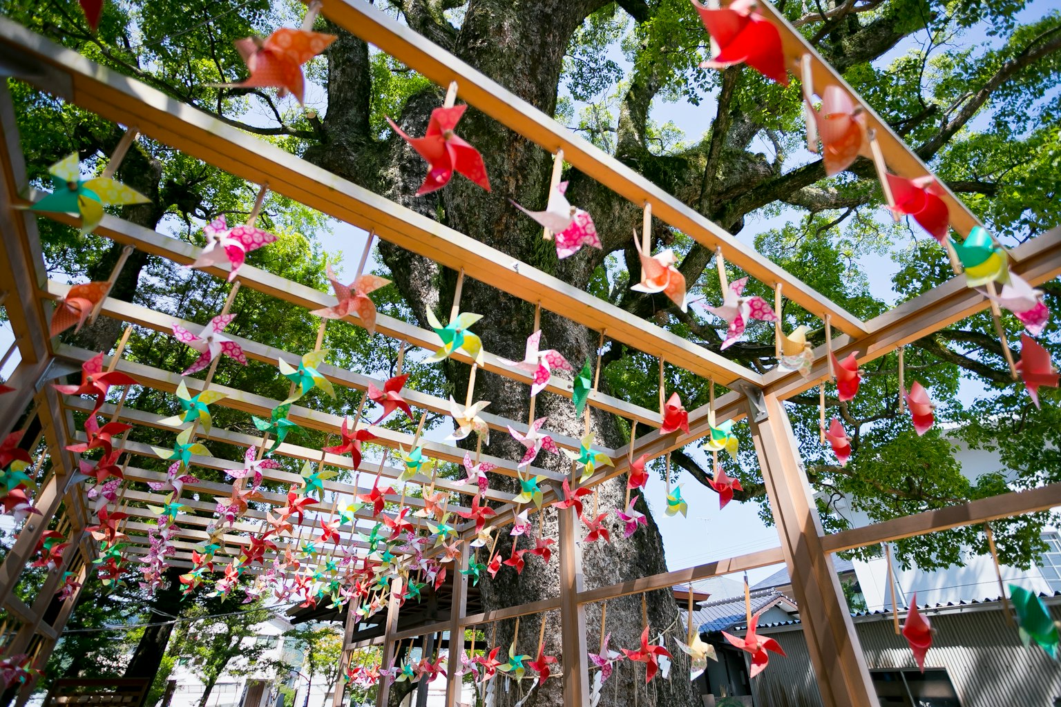 Molinillos de origami coloridos colgados bajo una estructura de árbol