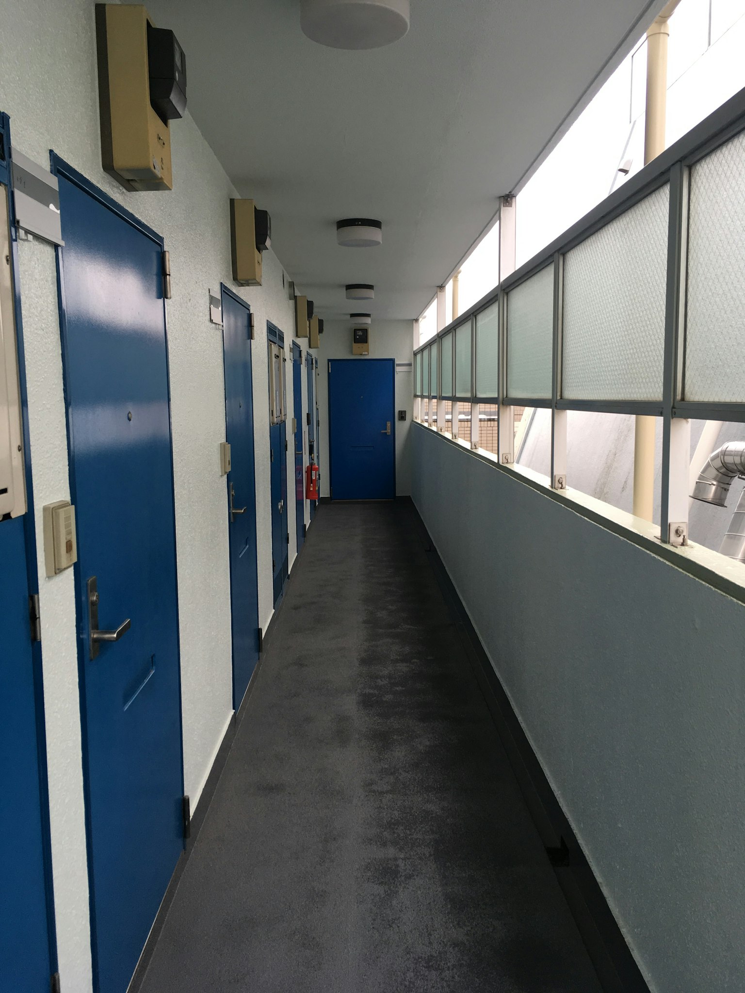 Koridor interior dengan pintu biru dan cahaya alami dari jendela transparan