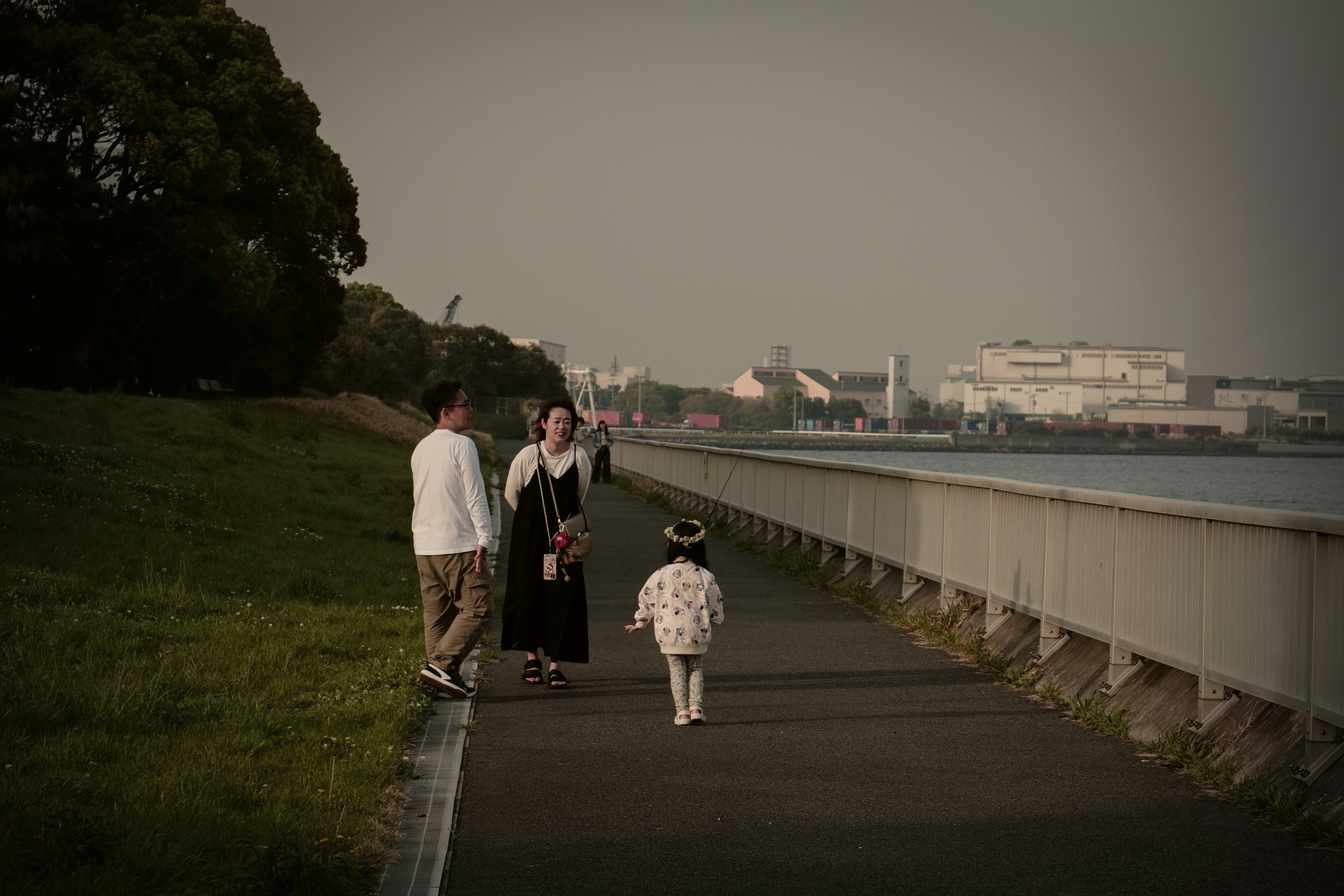 夕方の公園遊歩道を歩く家族とシロツメクサの冠