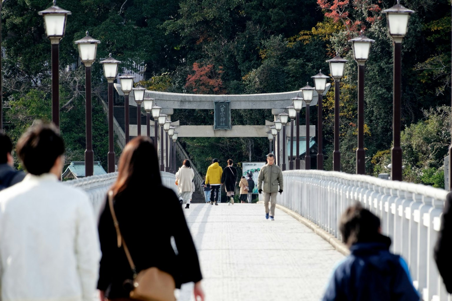 People walking on a bridge with bright lights and green background