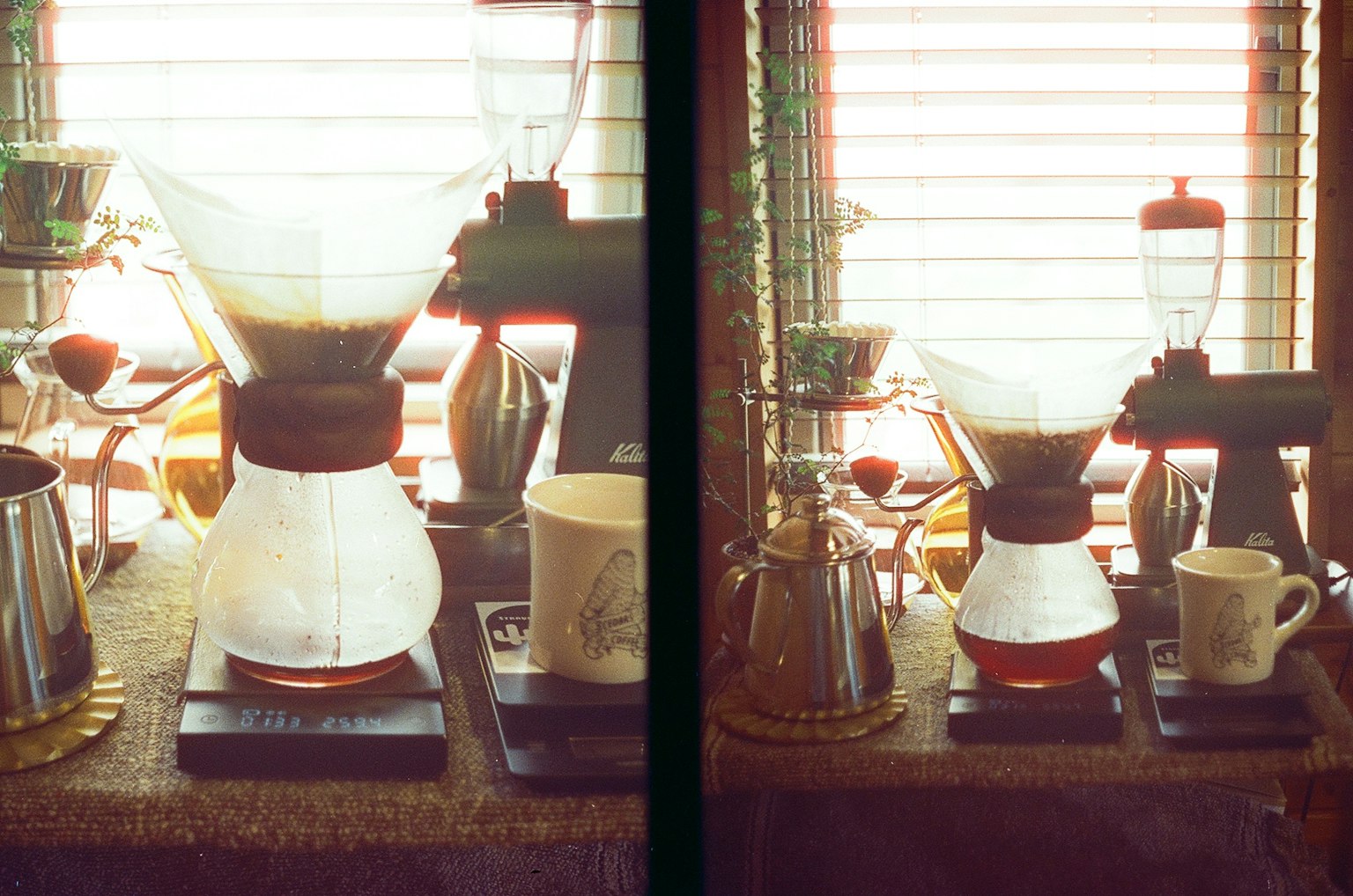 Image of brewing coffee with sunlight streaming through a window featuring coffee equipment