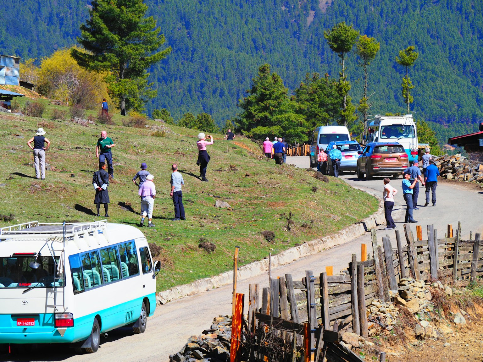道路场景，游客和车辆在绿色山地风景中