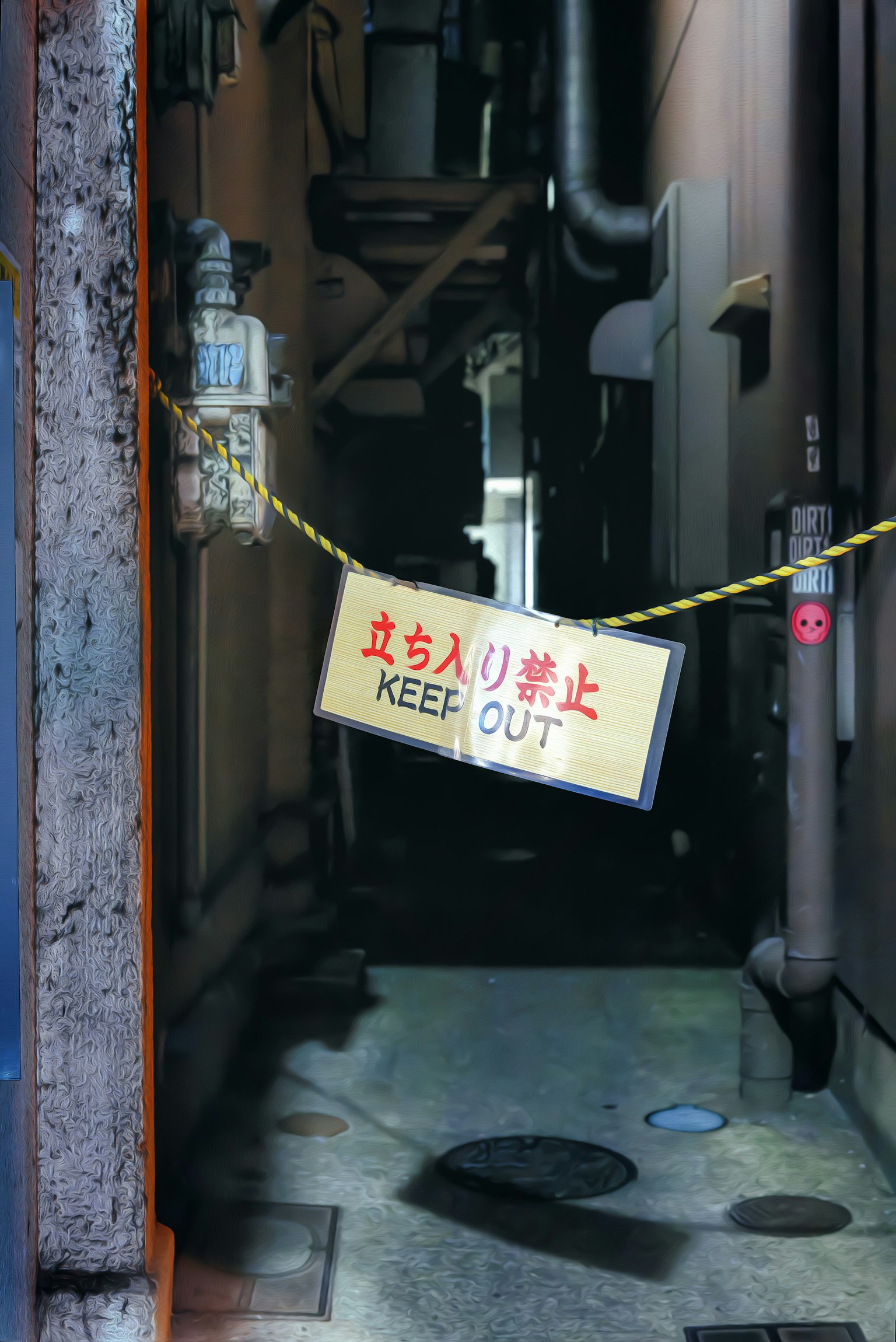 狹窄小巷中懸掛的'禁止進入'標誌和黃色鏈條