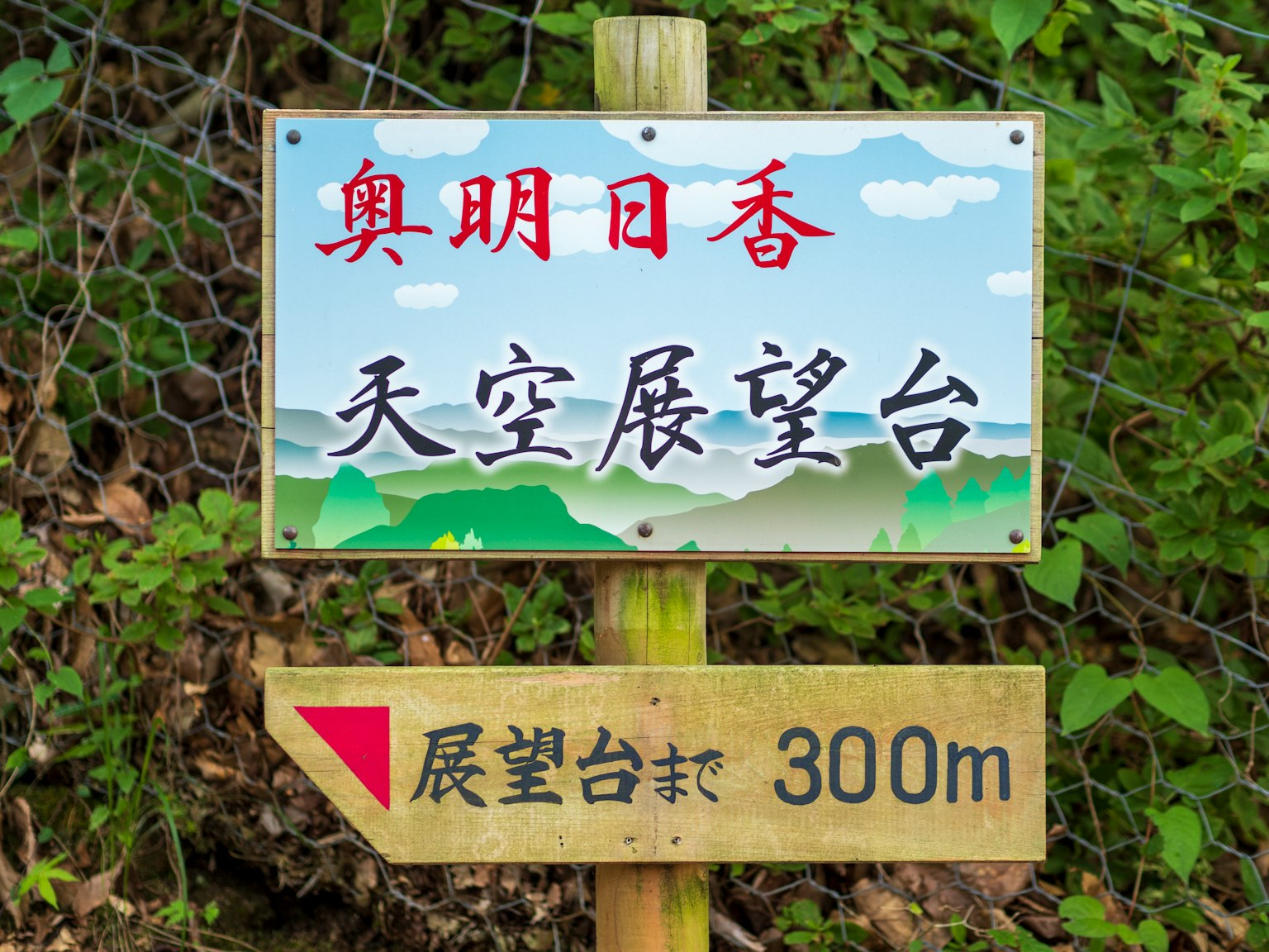 Schild mit blauem Himmel und grünen Bergen mit Text, der auf einen Aussichtspunkt in 300m hinweist