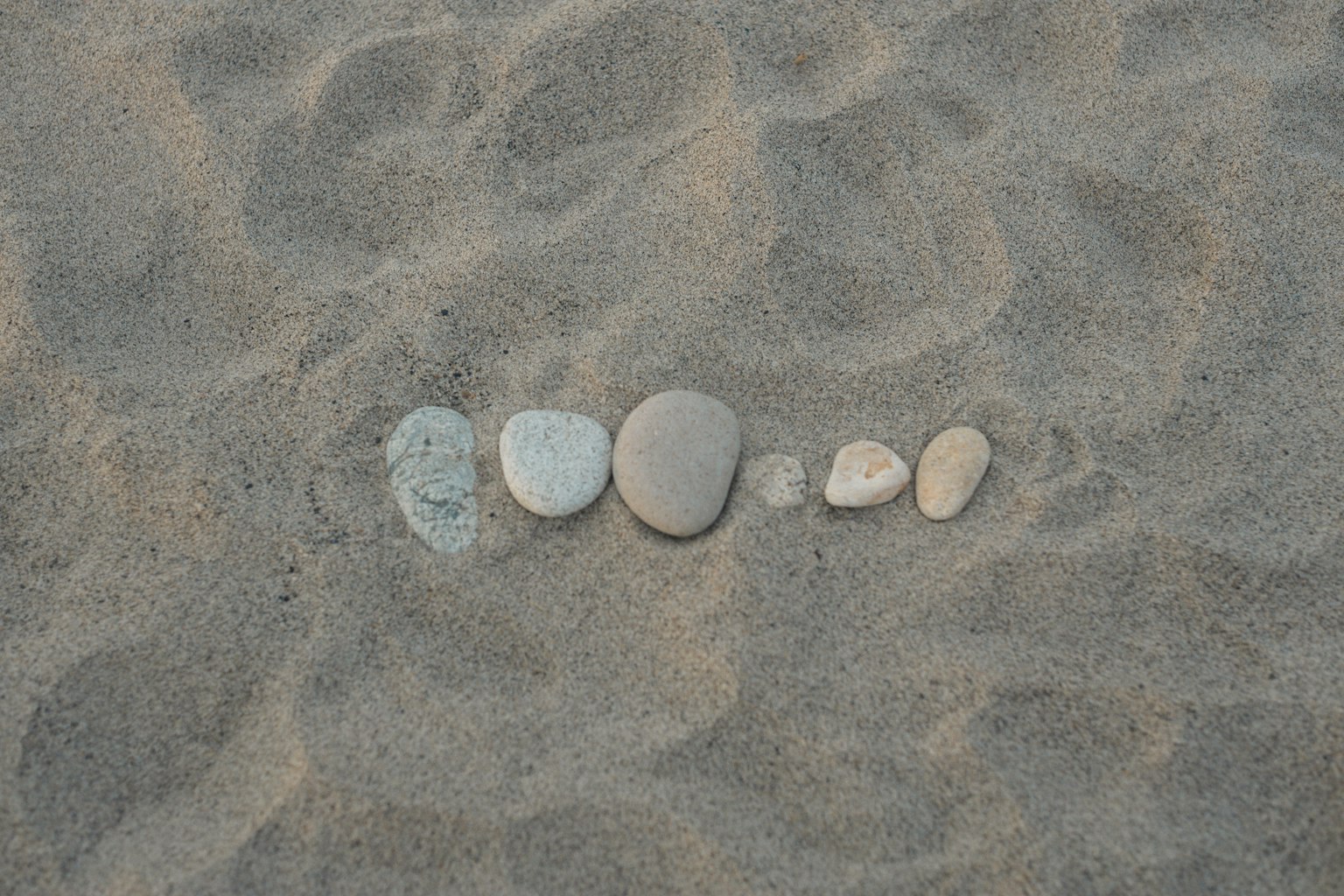 A row of different shaped stones on the sand