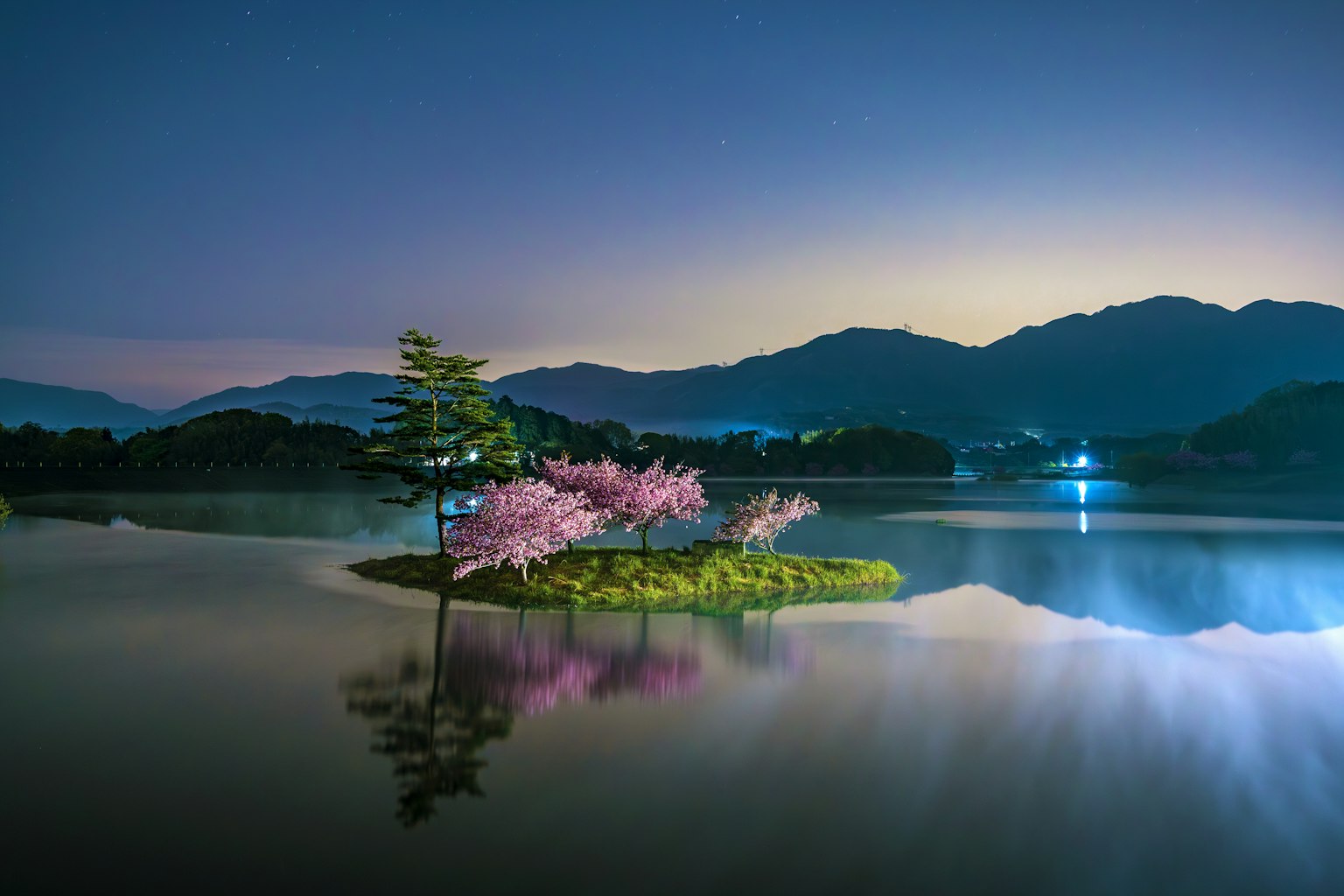 美しい夜の湖に浮かぶ桜の木と山々