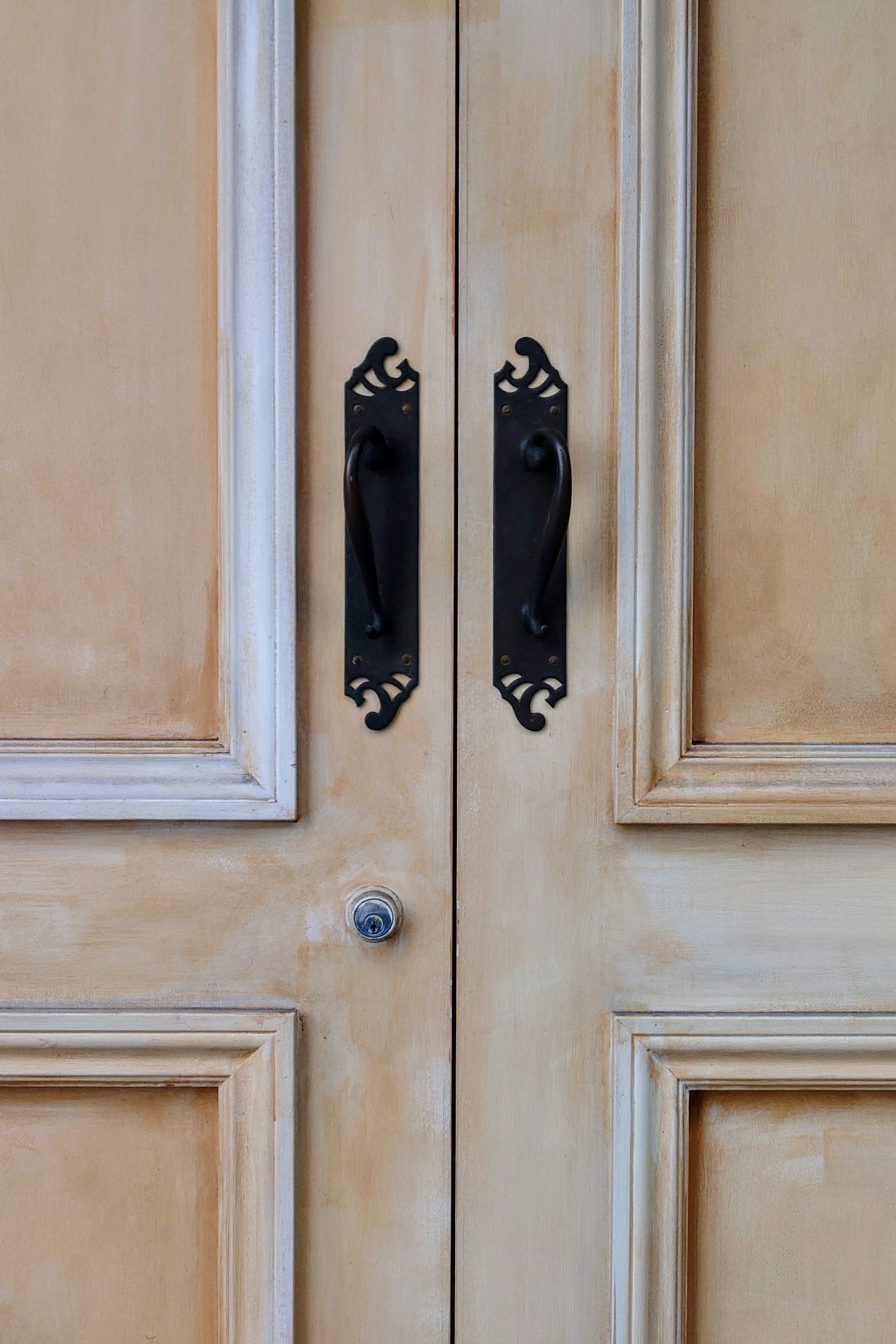 Immagine dettagliata di una porta in legno con due maniglie nere decorative