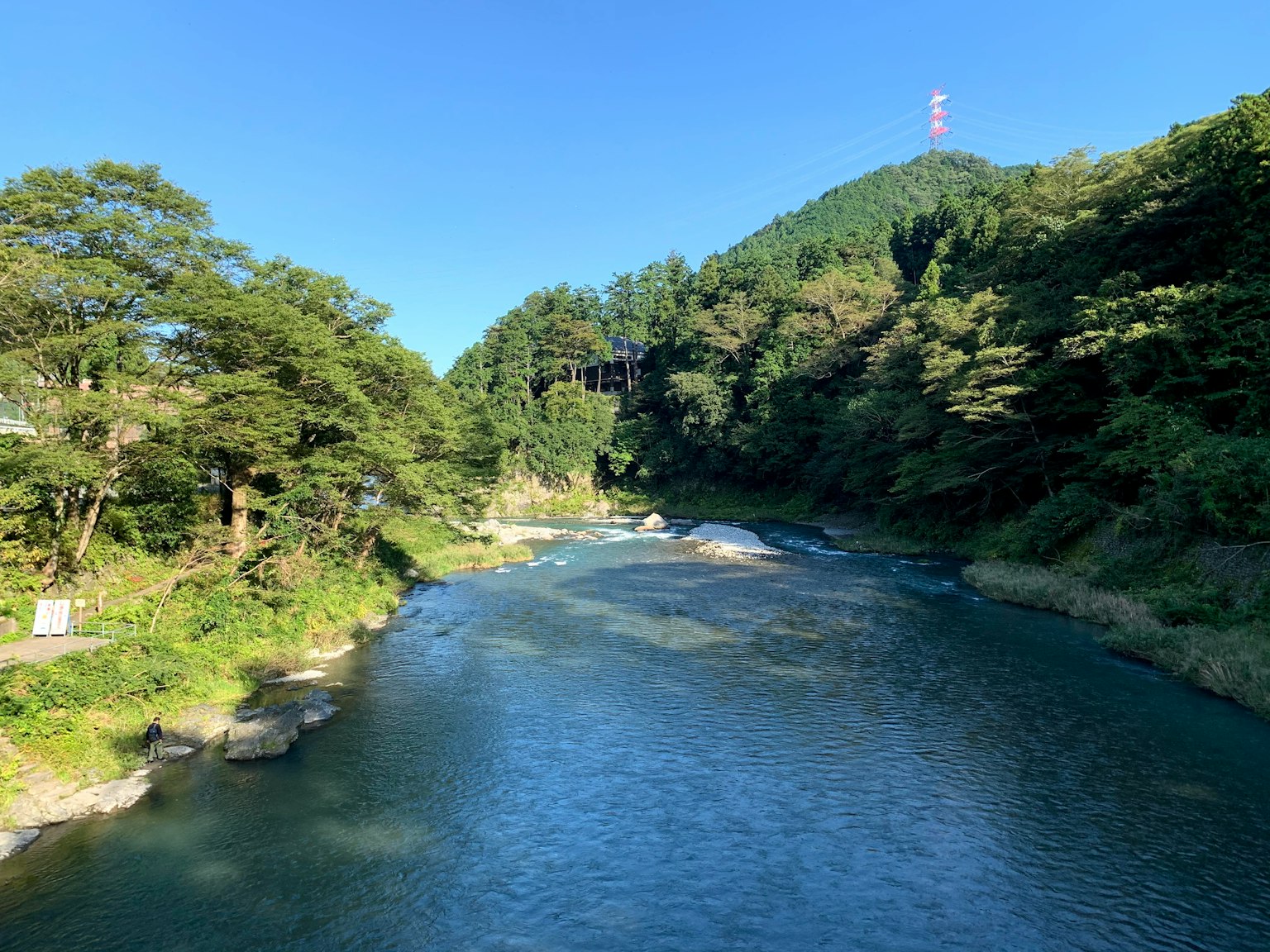 藍天下寧靜的河流與綠色樹木