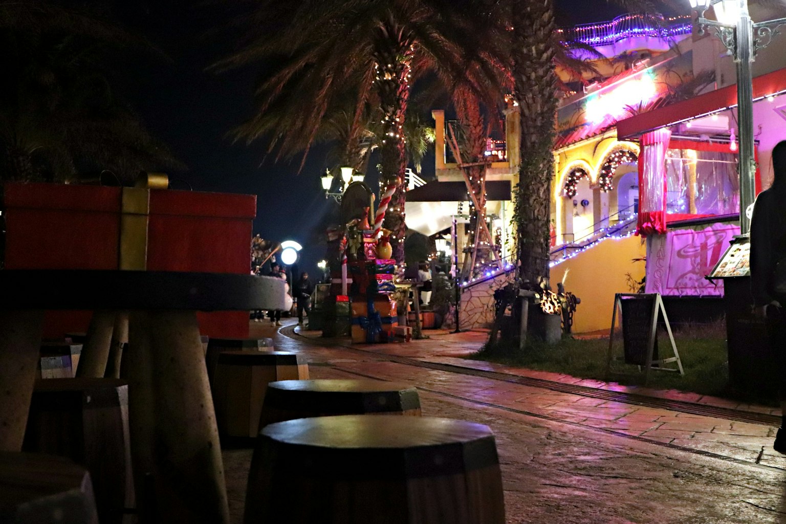 夜晚热闹街道上的五彩商店和棕榈树