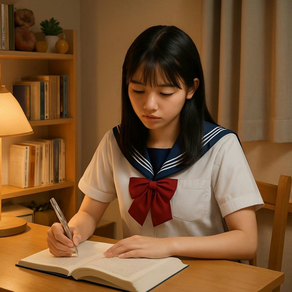 自室で勉強する制服姿の学生