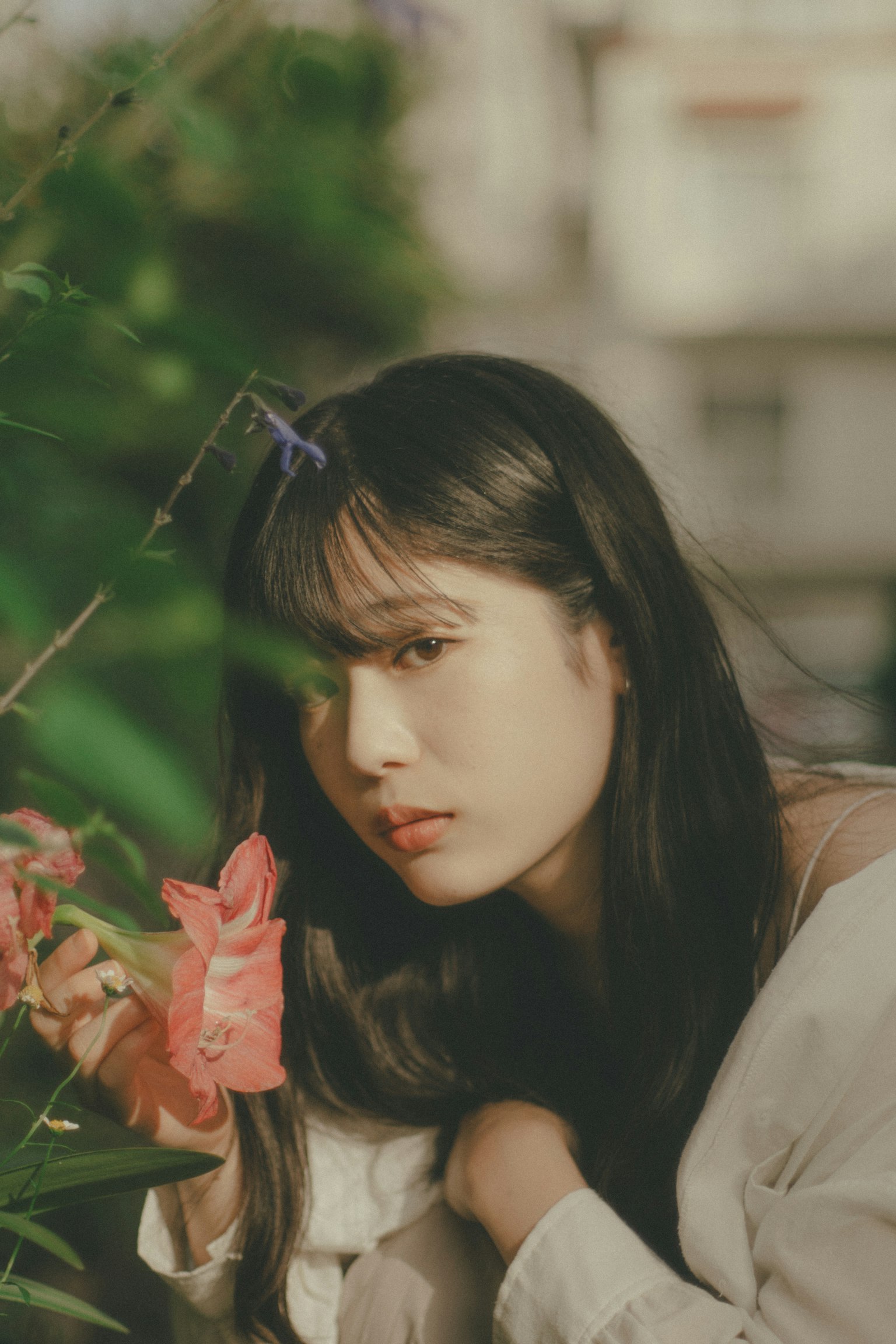 年輕女性在柔和陽光下靠近色彩繽紛的花朵