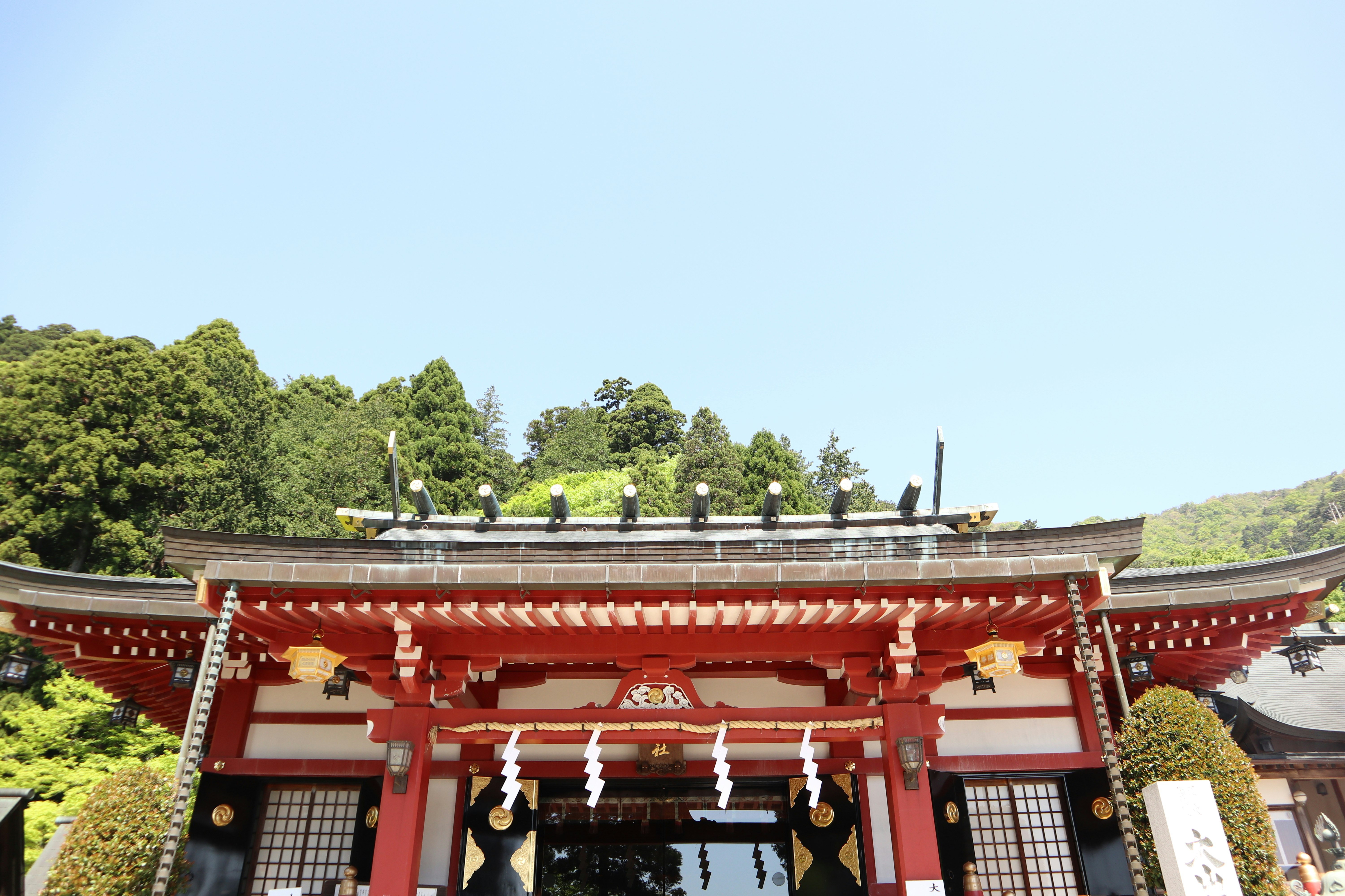 Vista frontal de un torii rojo con fondo de vegetación de montaña