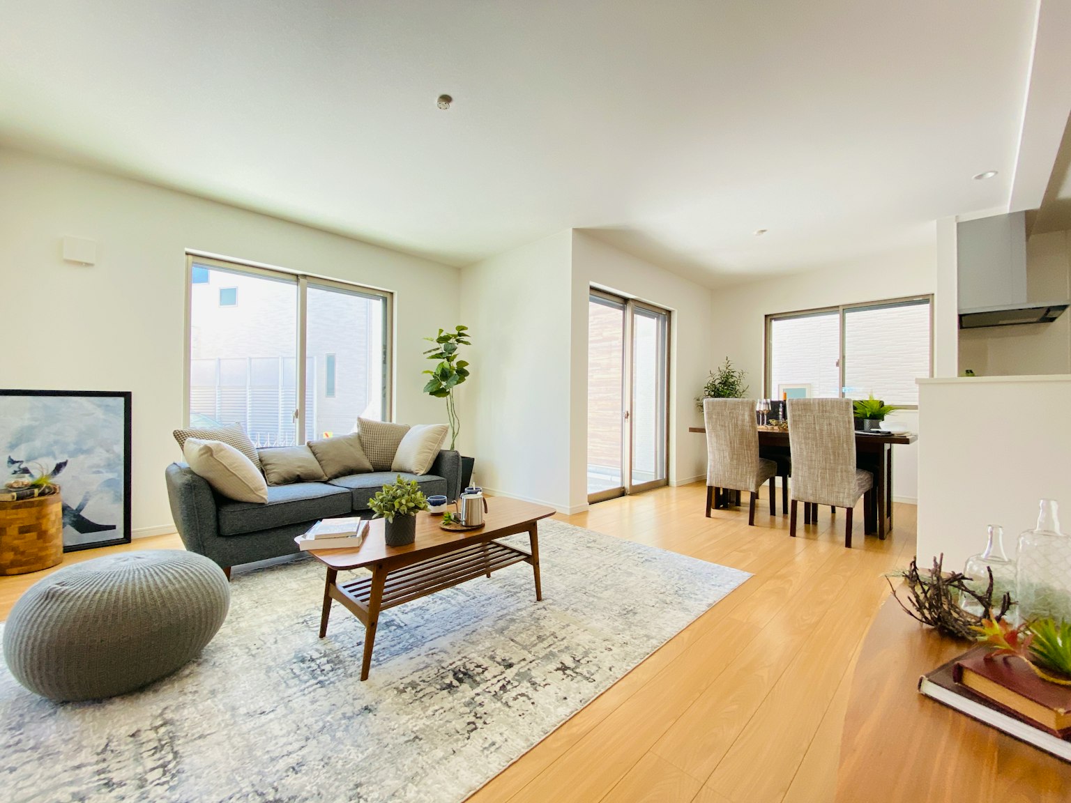 Sala de estar brillante y espaciosa con muebles modernos y plantas de interior