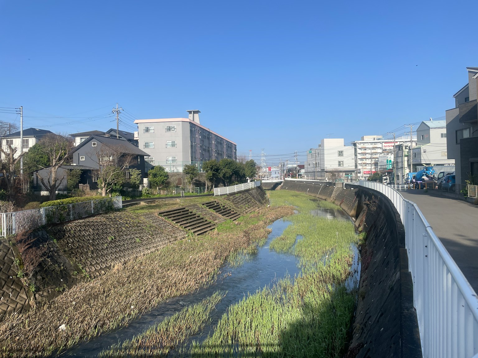 在晴朗藍天下寧靜河流和周圍建築的風景