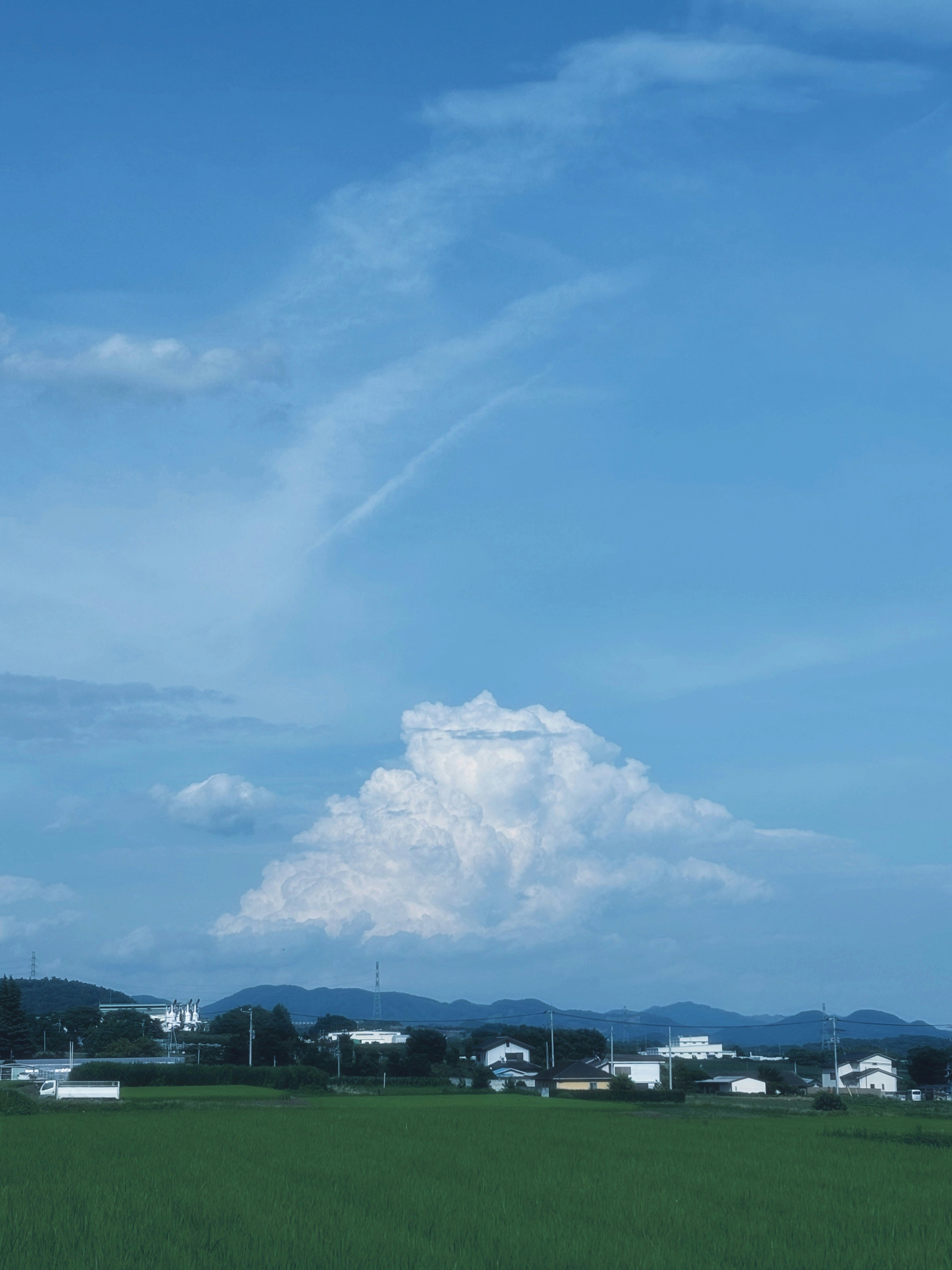 広い草原と遠くの山並みを見上げる青空の風景
