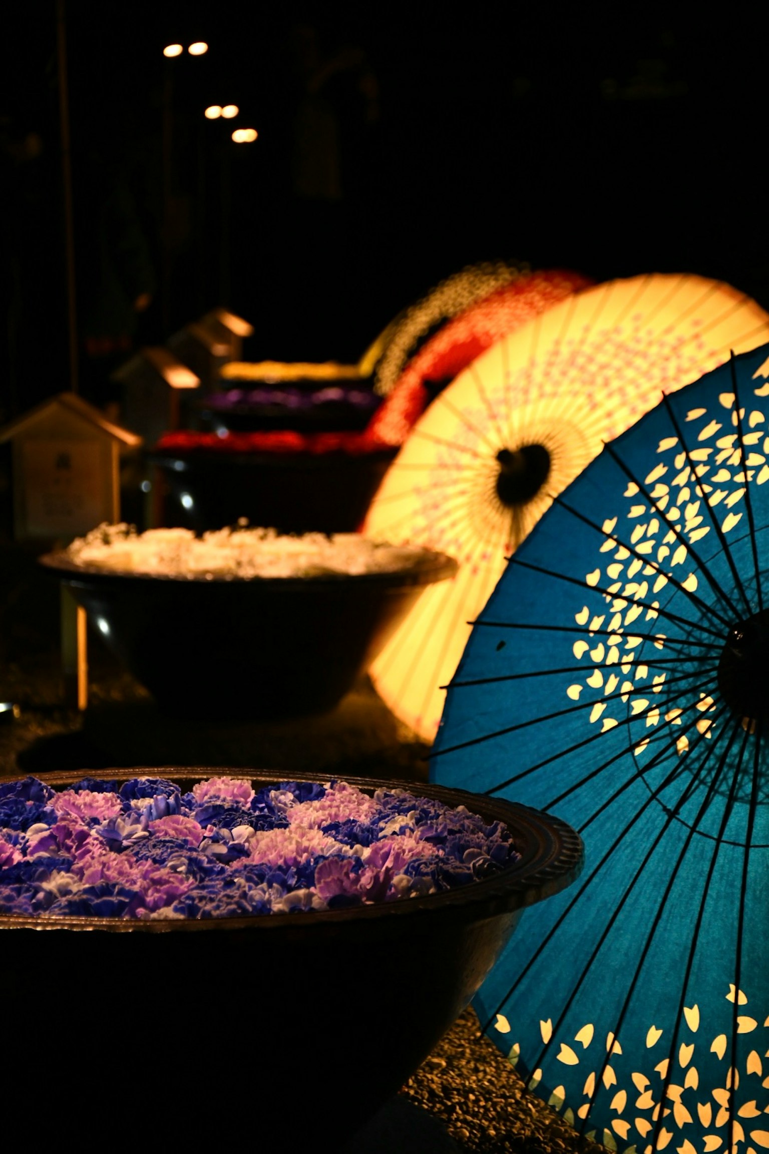 五彩繽紛的傘和裝滿花瓣的碗在夜晚的環境中排列