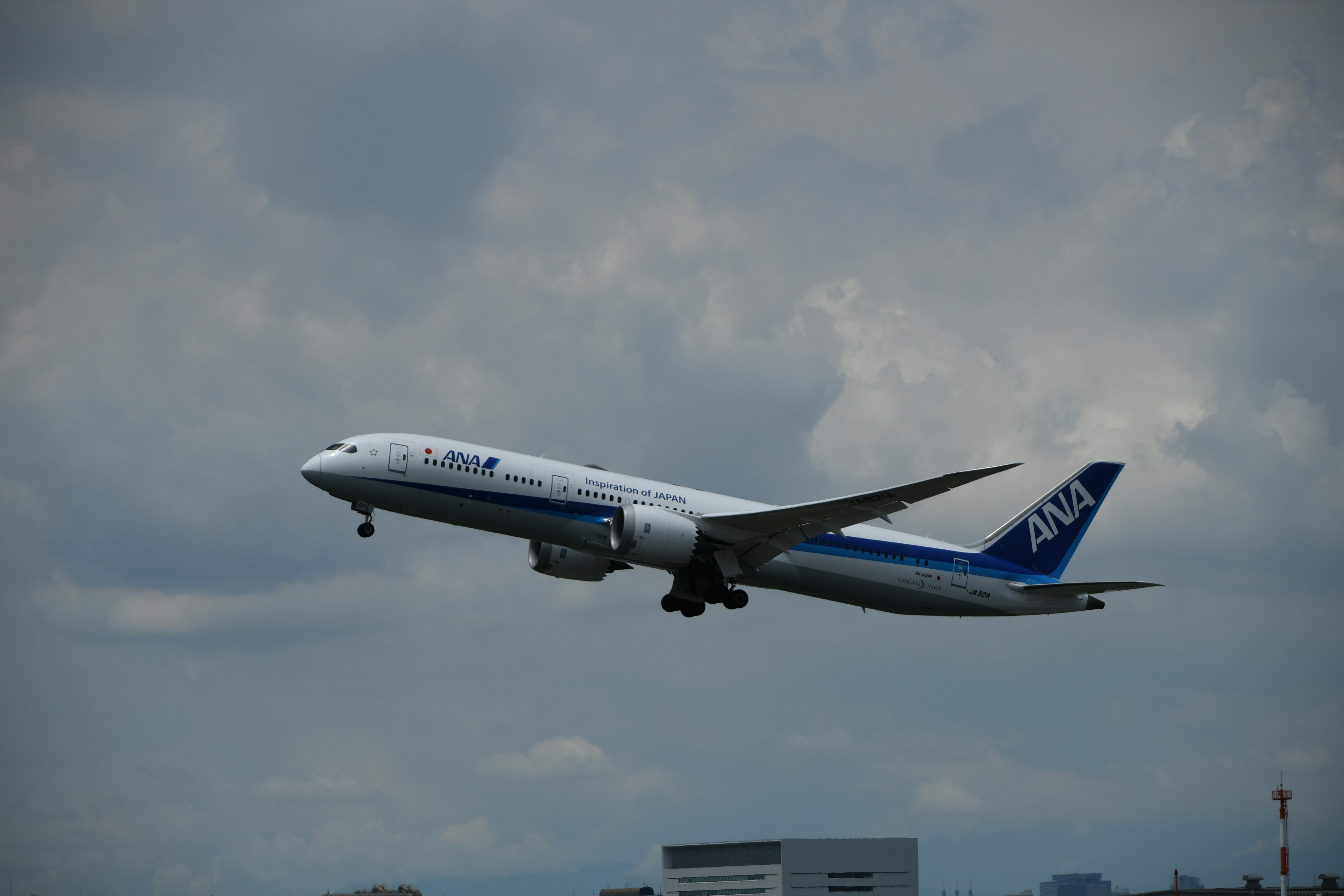 雲の下を飛ぶANAの旅客機