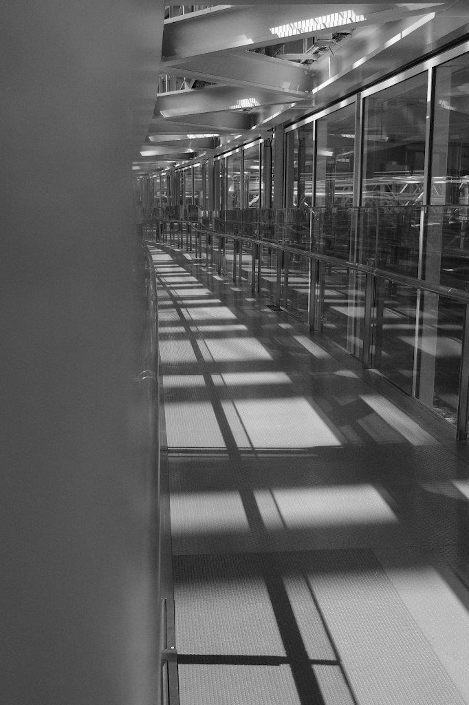 Black and white image of a hallway featuring glass walls and distinct shadows