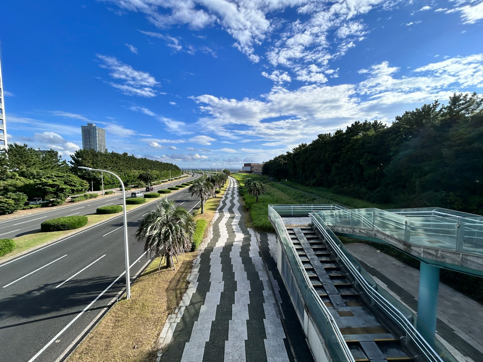 青空と緑の景色が広がる道路の風景