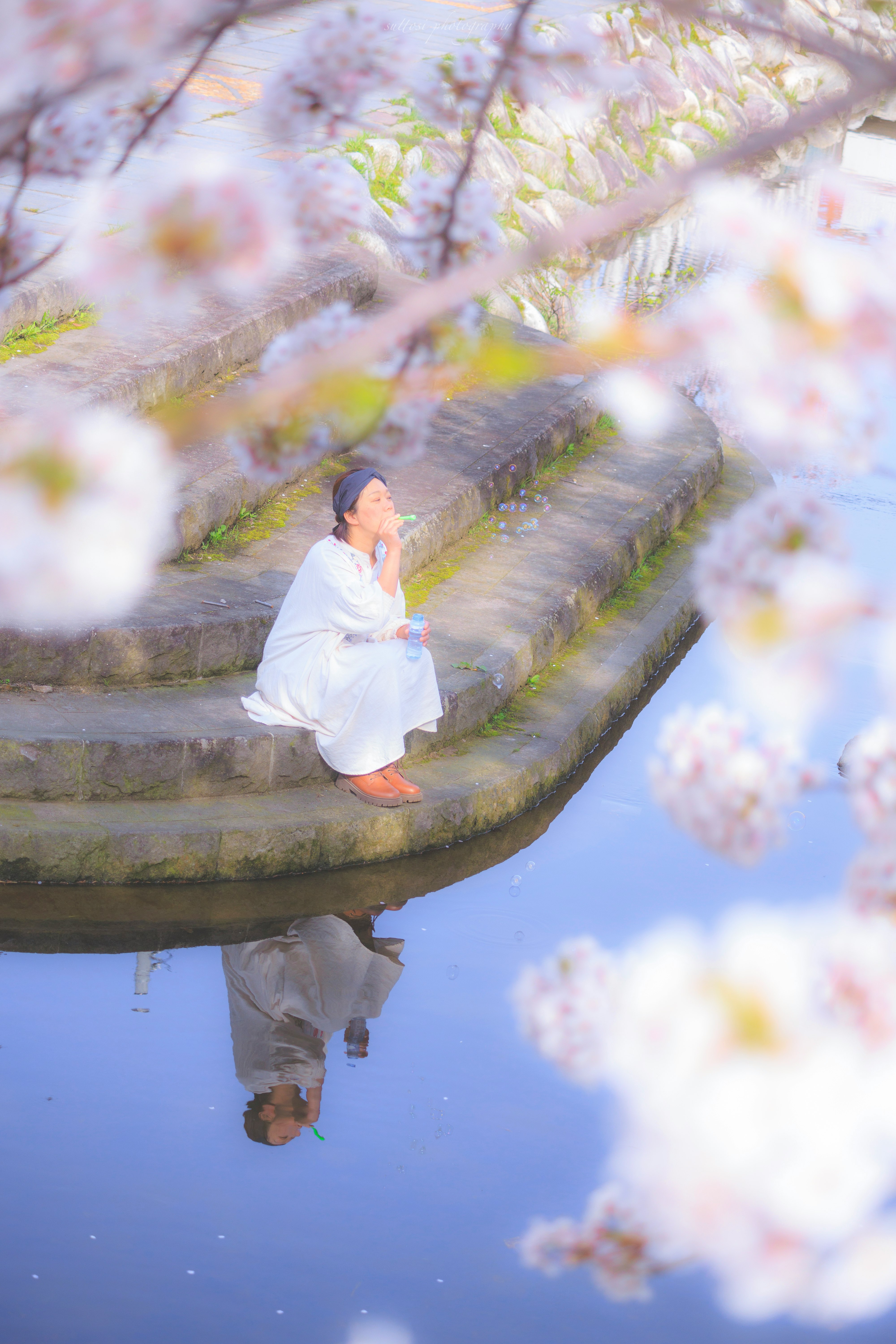 桜の花びらの間で水面に映る和装の人物