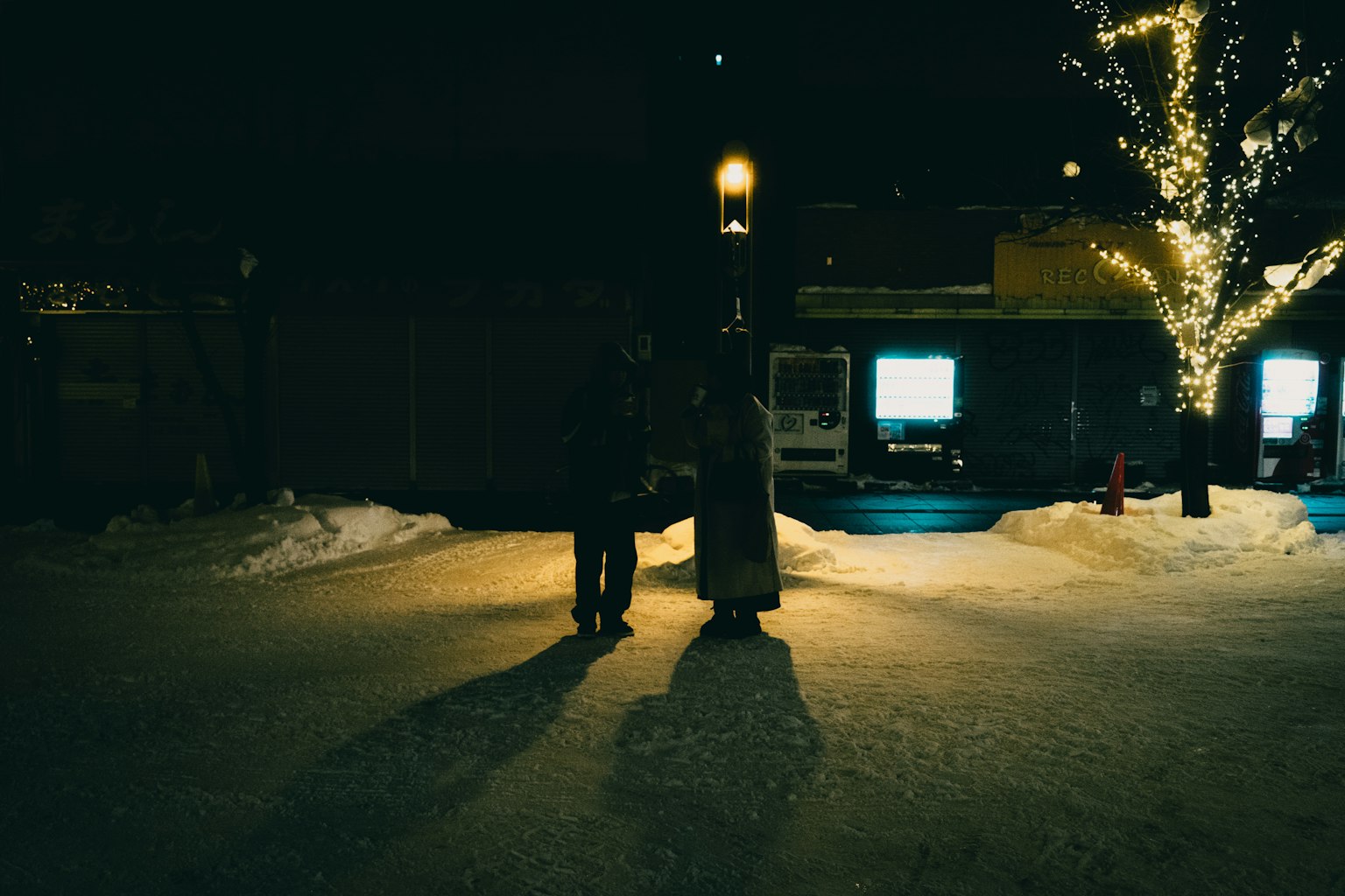 Due figure in piedi in una strada innevata di notte con un lampione e alberi illuminati