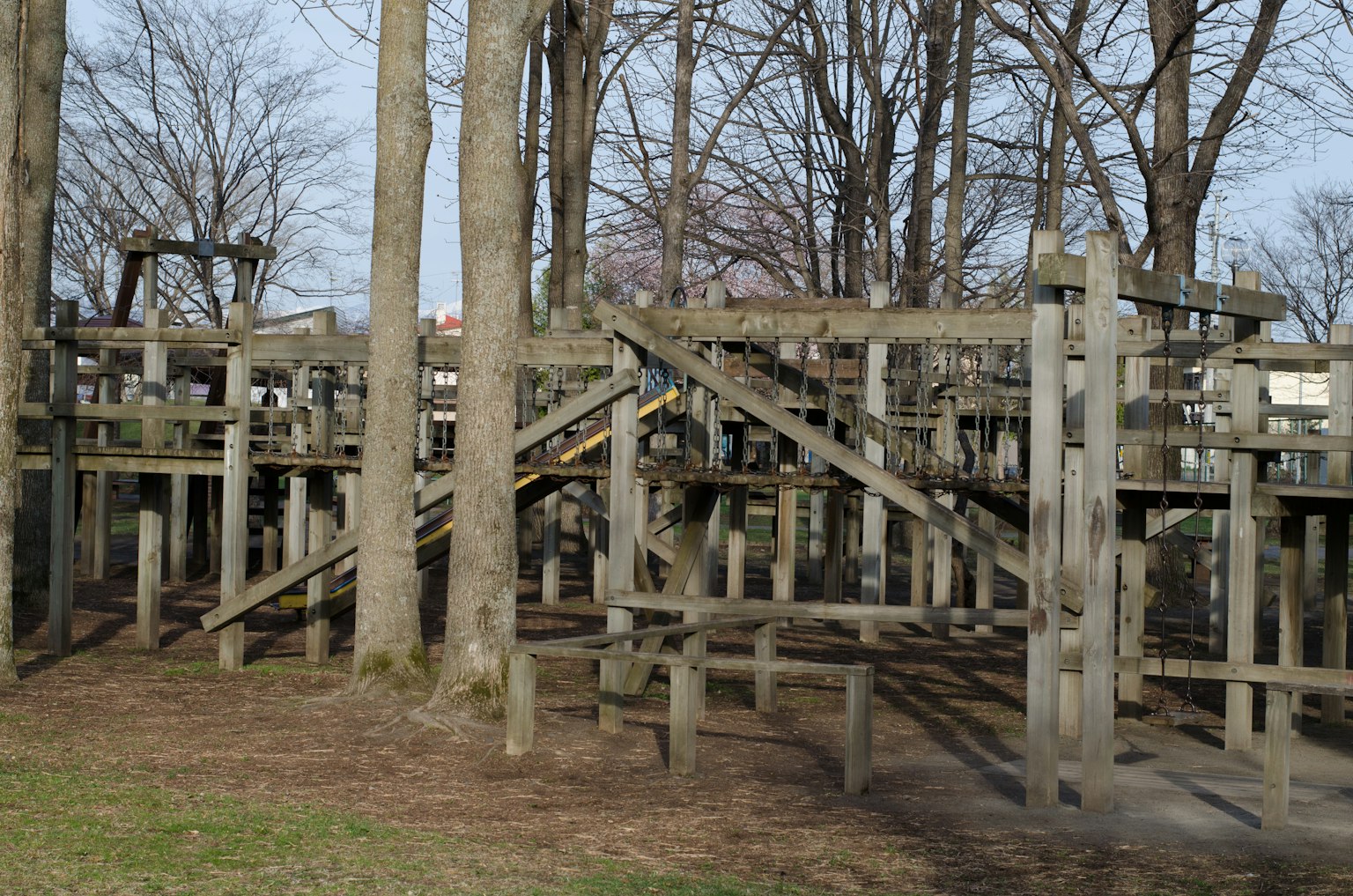 Struttura di parco giochi in legno circondata da alberi