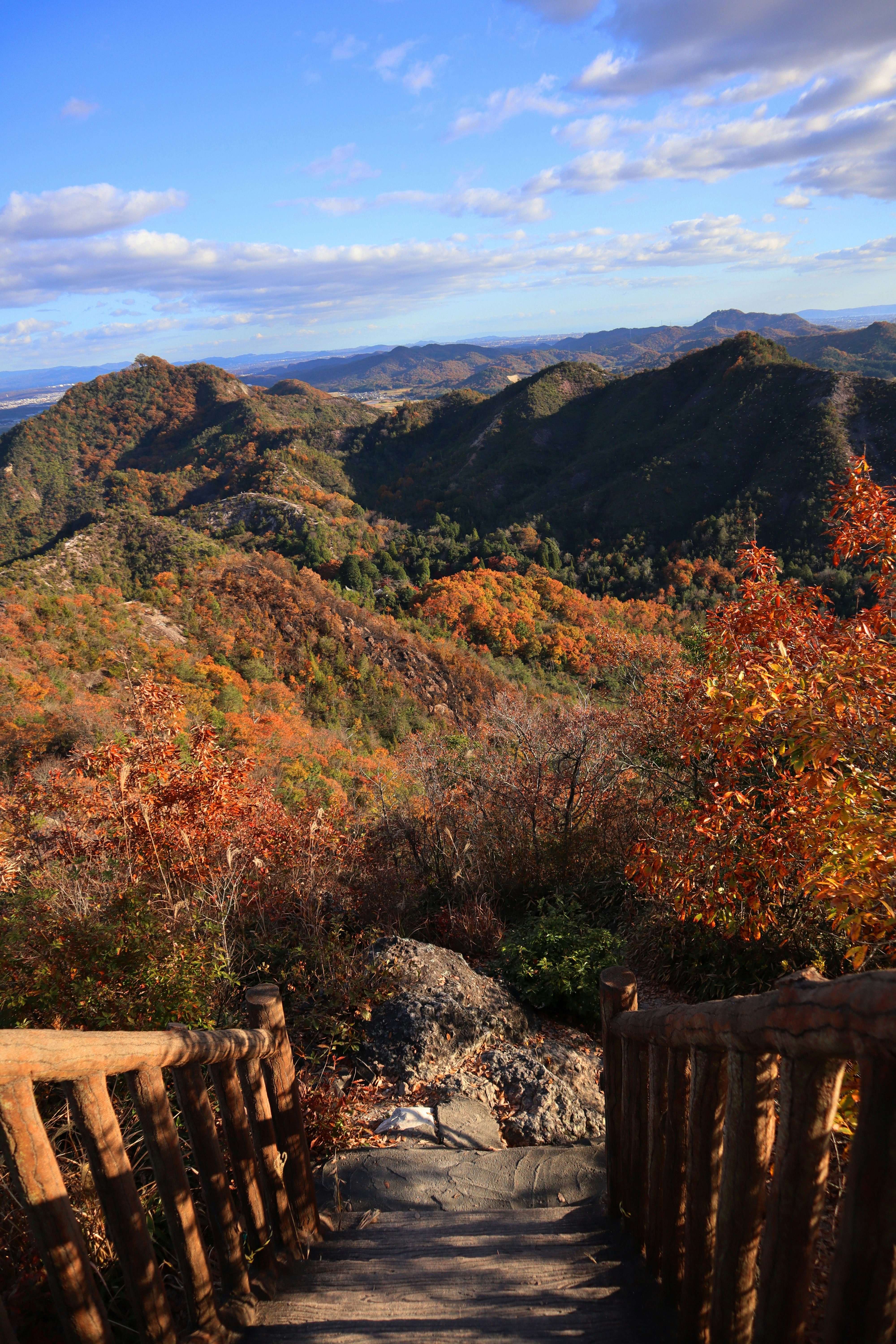 紅葉に包まれた山道の風景　青空と雲　木製の手すりの階段