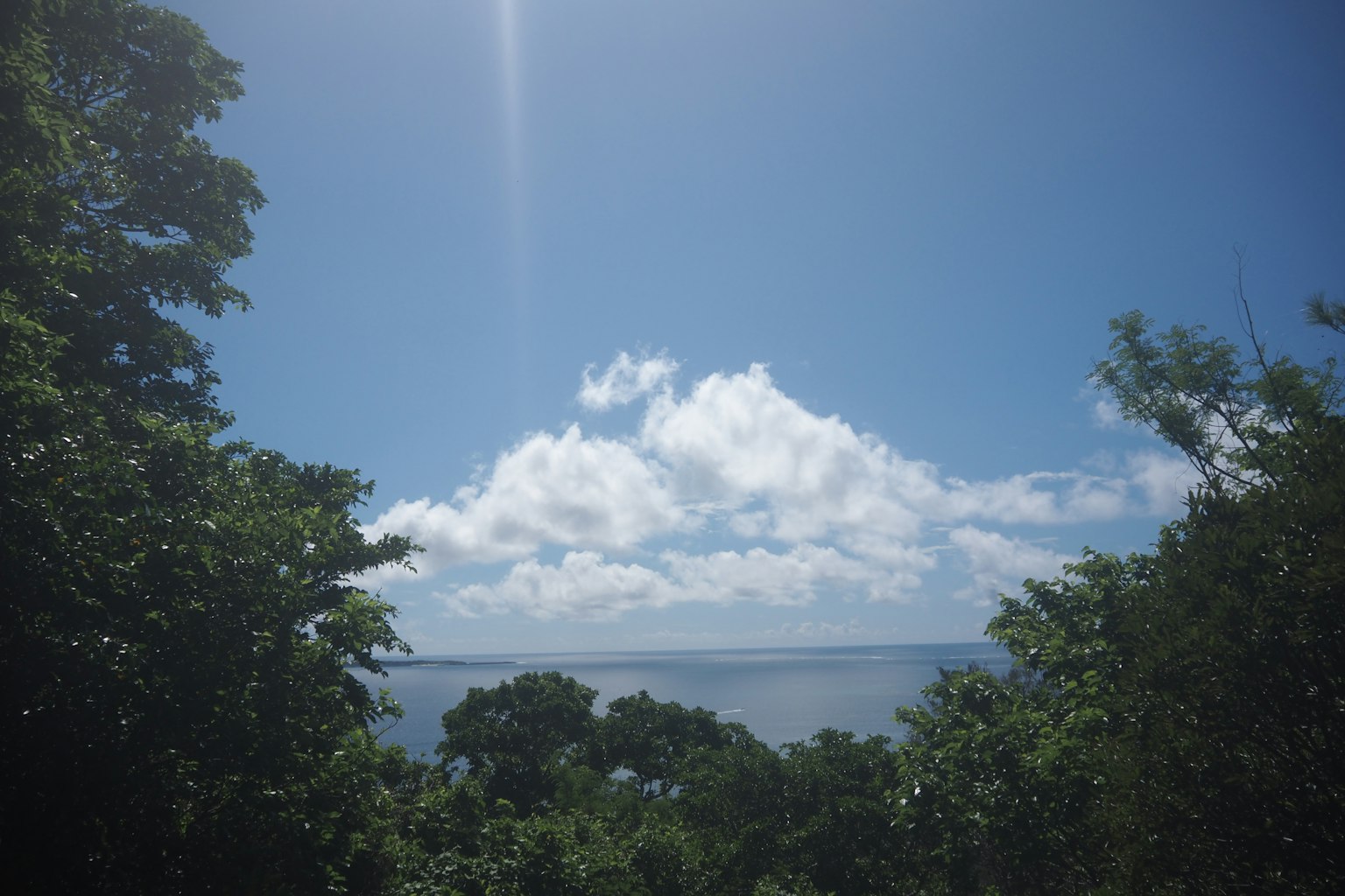 Malersicher Blick auf den blauen Himmel mit weißen Wolken umgeben von grünen Bäumen mit Blick auf das Meer