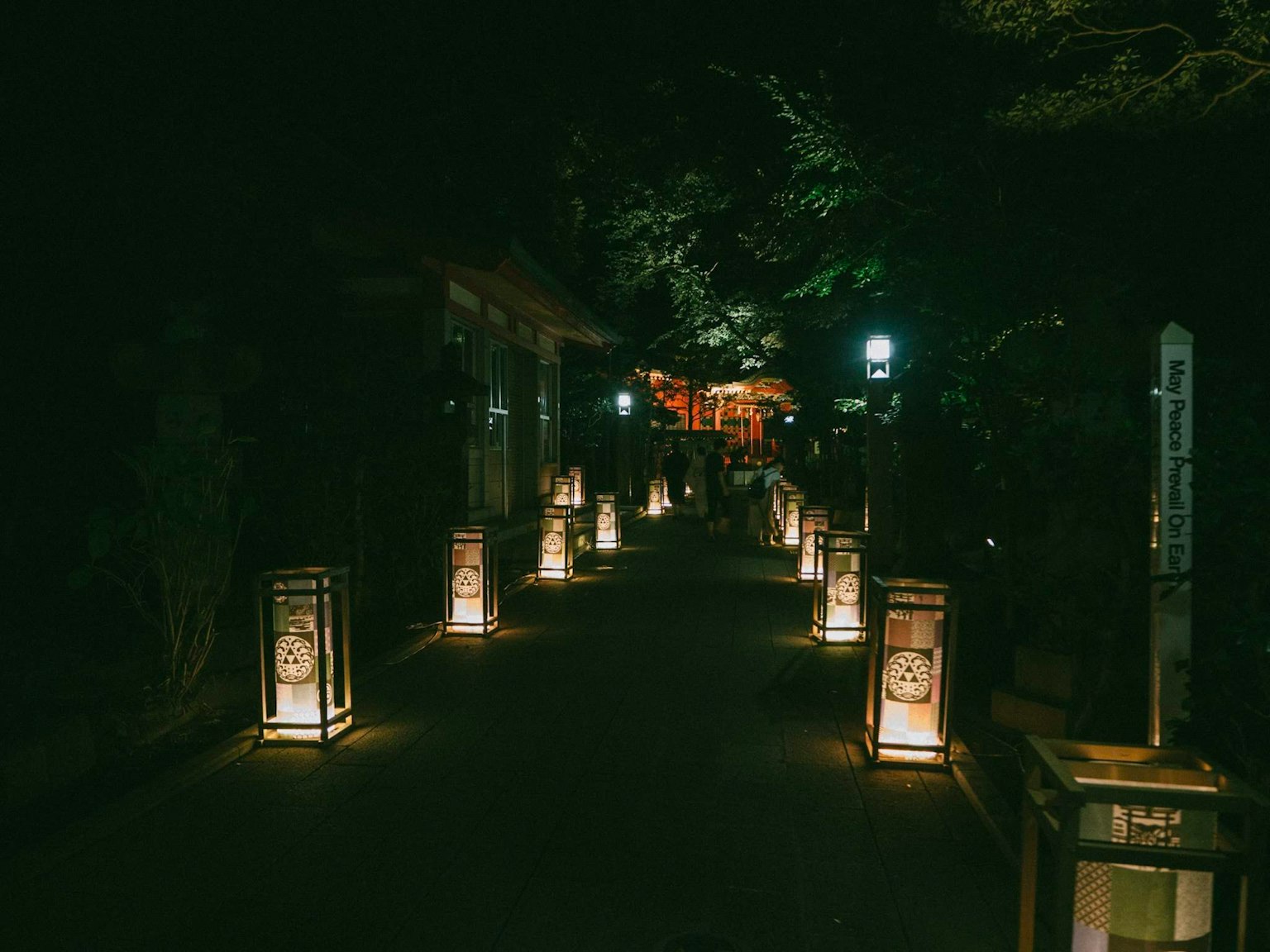 A serene pathway illuminated by traditional Japanese lanterns at night