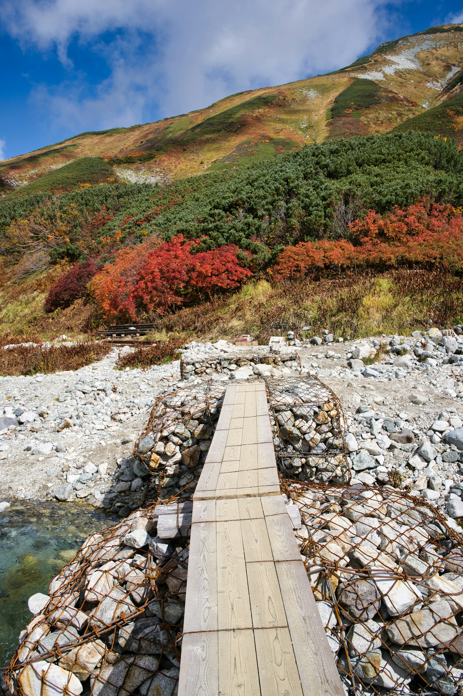 Ponte in legno su un letto di fiume roccioso circondato da fogliame autunnale colorato