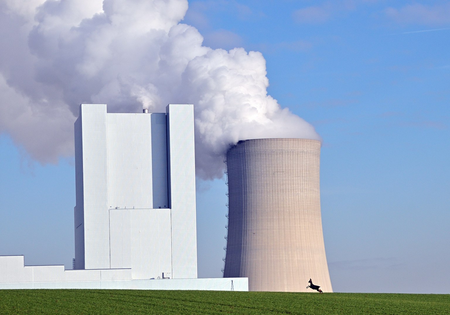 煙を吐く原子力発電所の冷却塔と白い建物