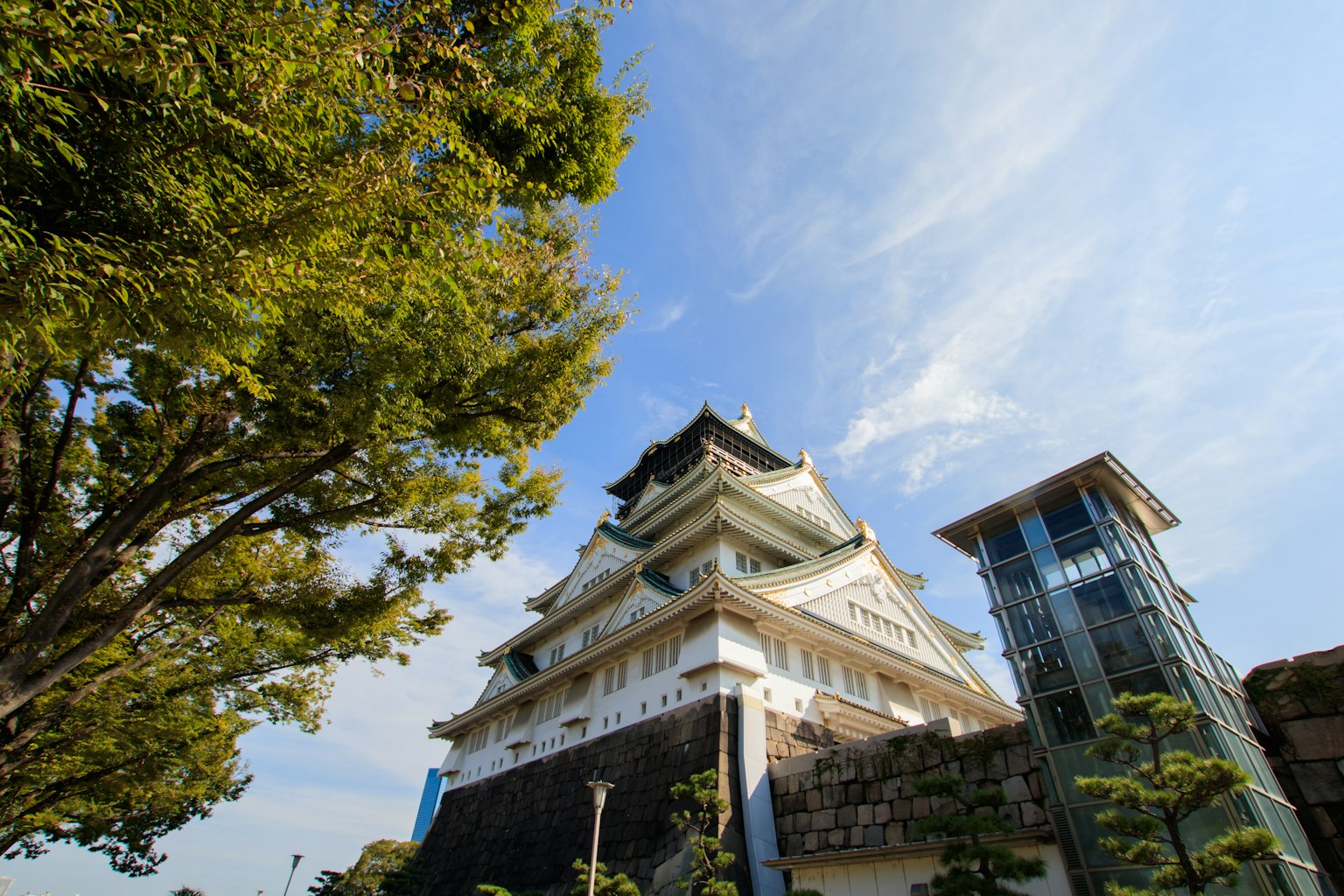 在藍天之下聳立的日本城堡和現代建築