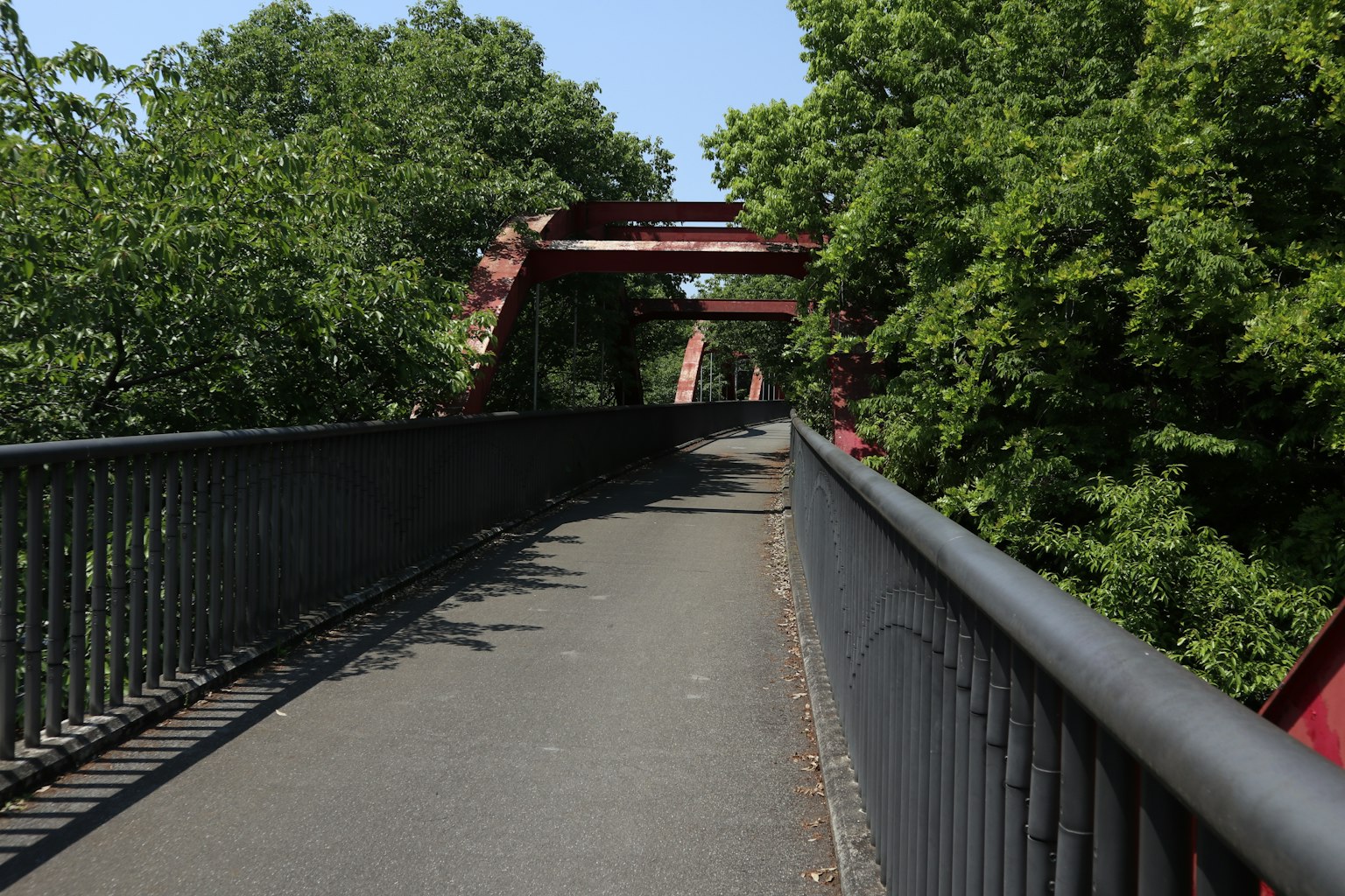 Pathway on a red bridge surrounded by greenery