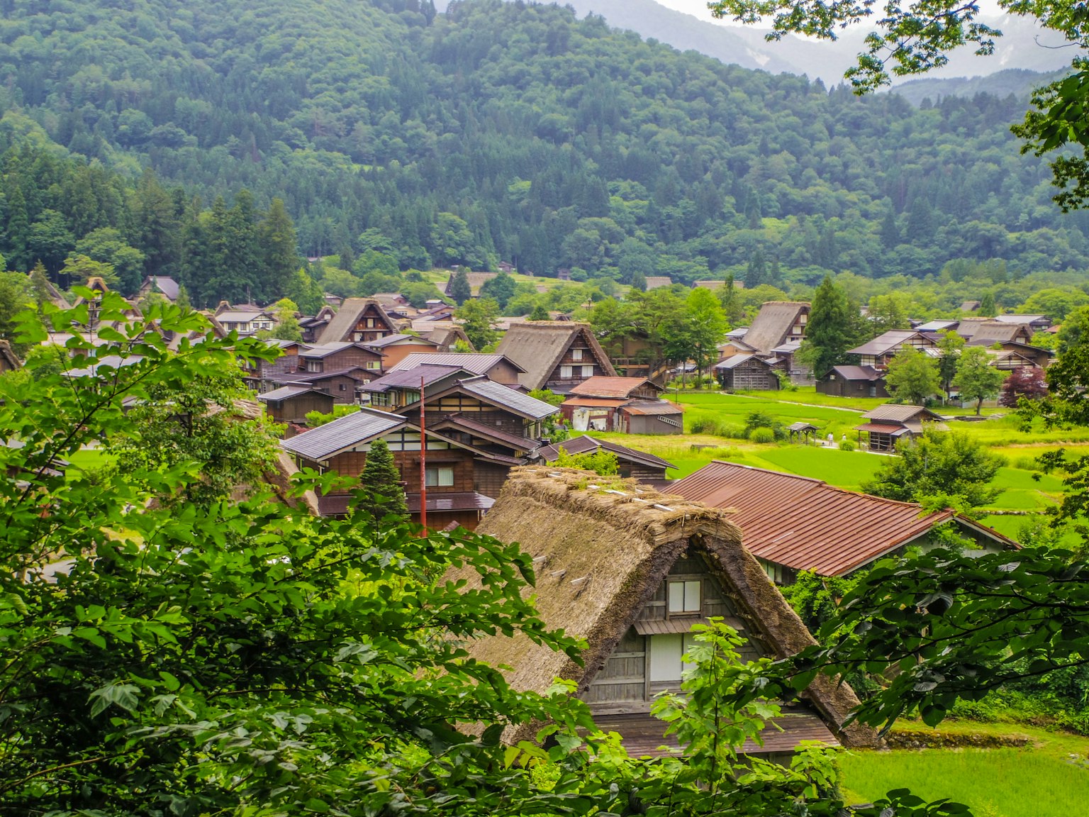 Vista escénica de un pueblo rodeado de vegetación con casas tradicionales de techo de paja
