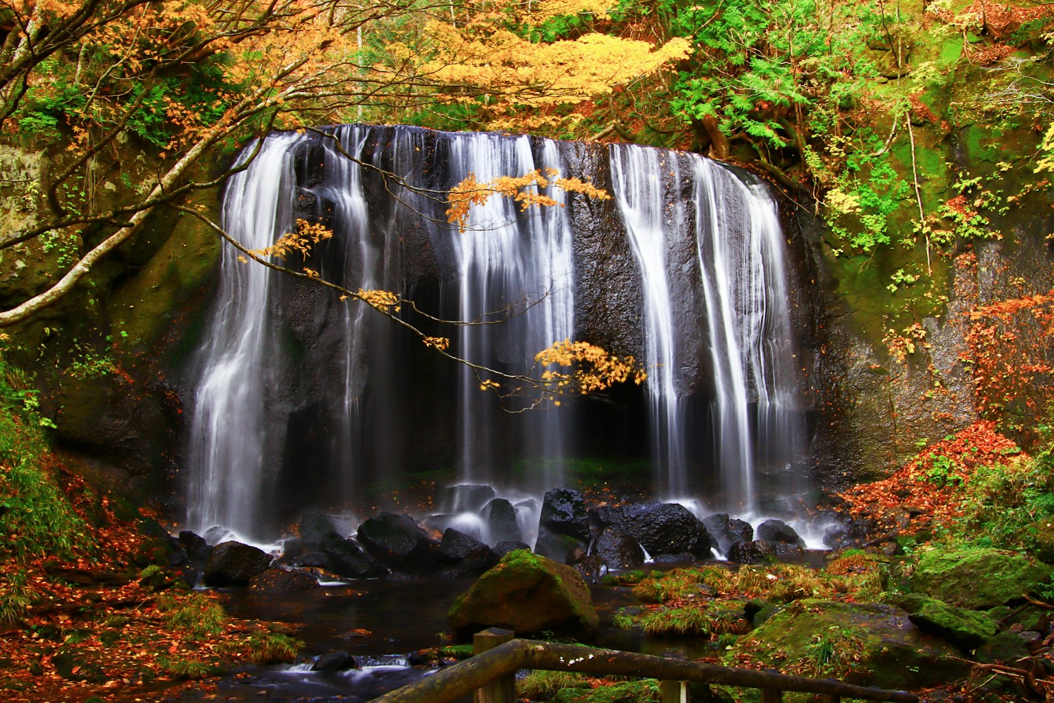 Malersicher Wasserfall umgeben von Herbstlaub und moosbedeckten Steinen
