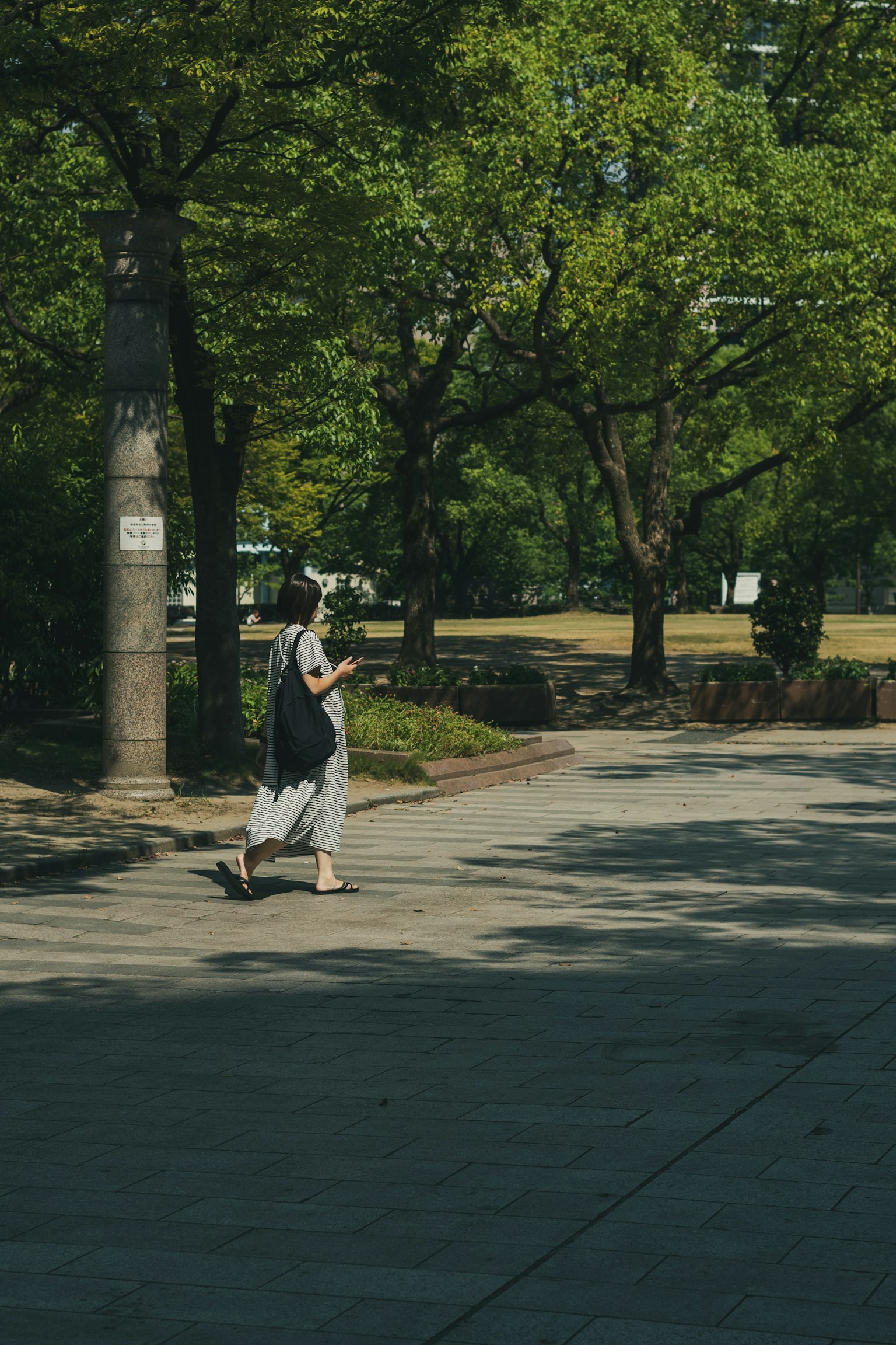 一位女性在绿树环绕的公园中散步