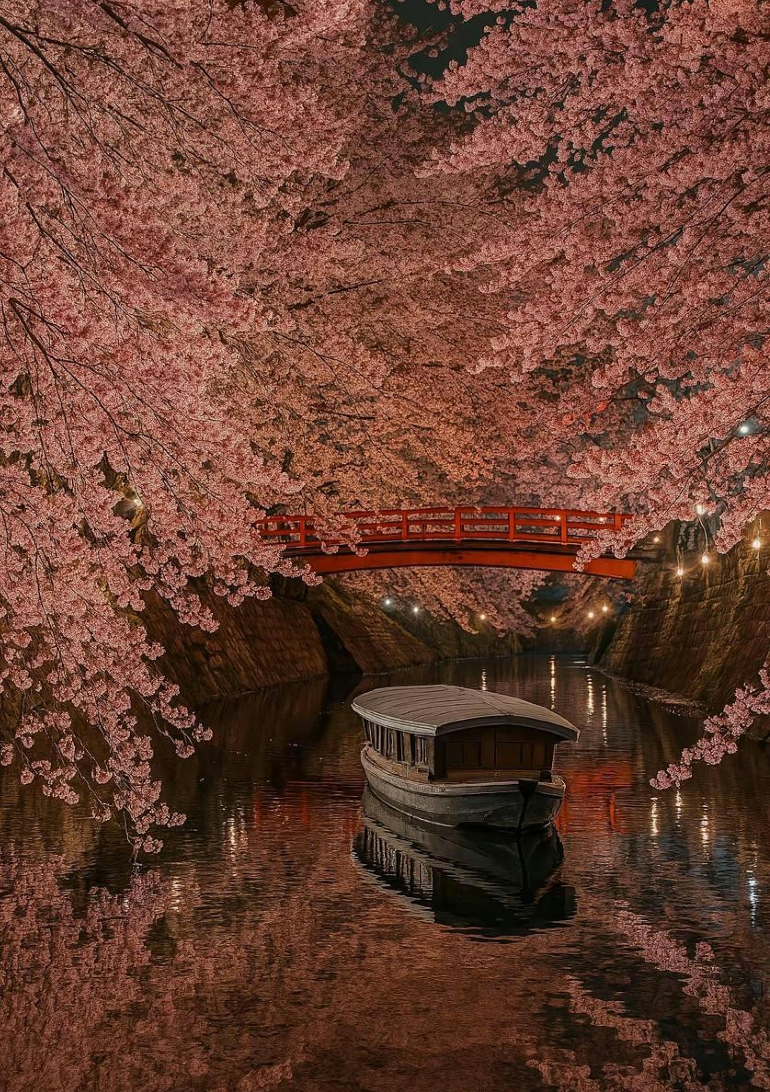 桜の花が咲き誇る川に浮かぶ船と赤い橋