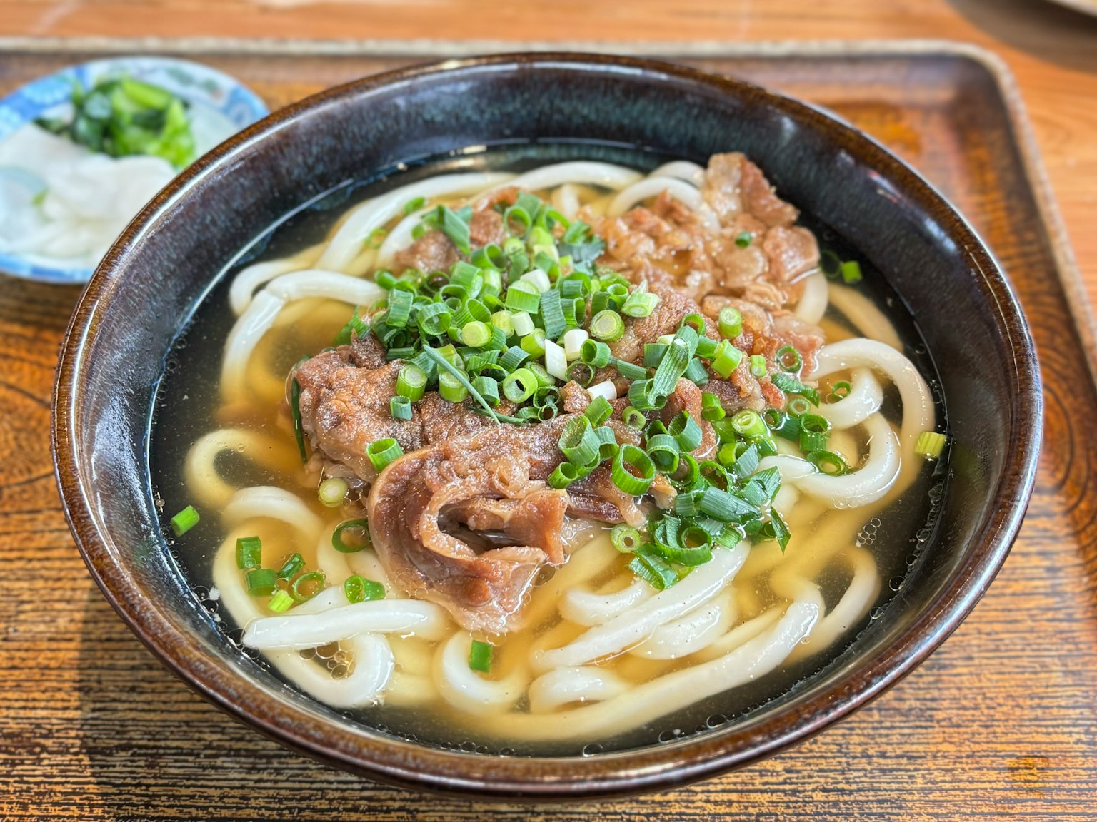 Bowl of udon topped with beef and green onions