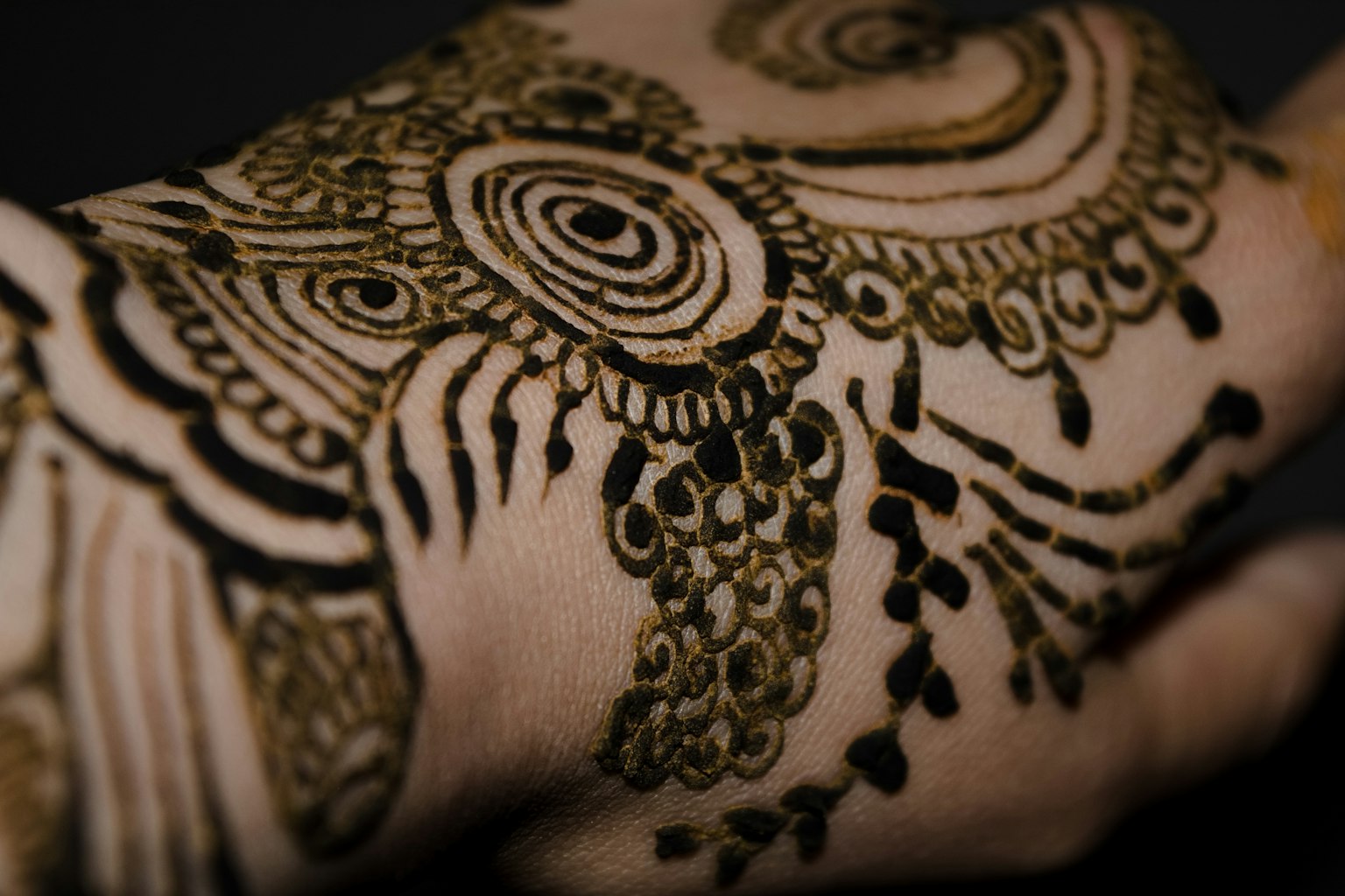 Detailed henna tattoo design on a hand with intricate patterns