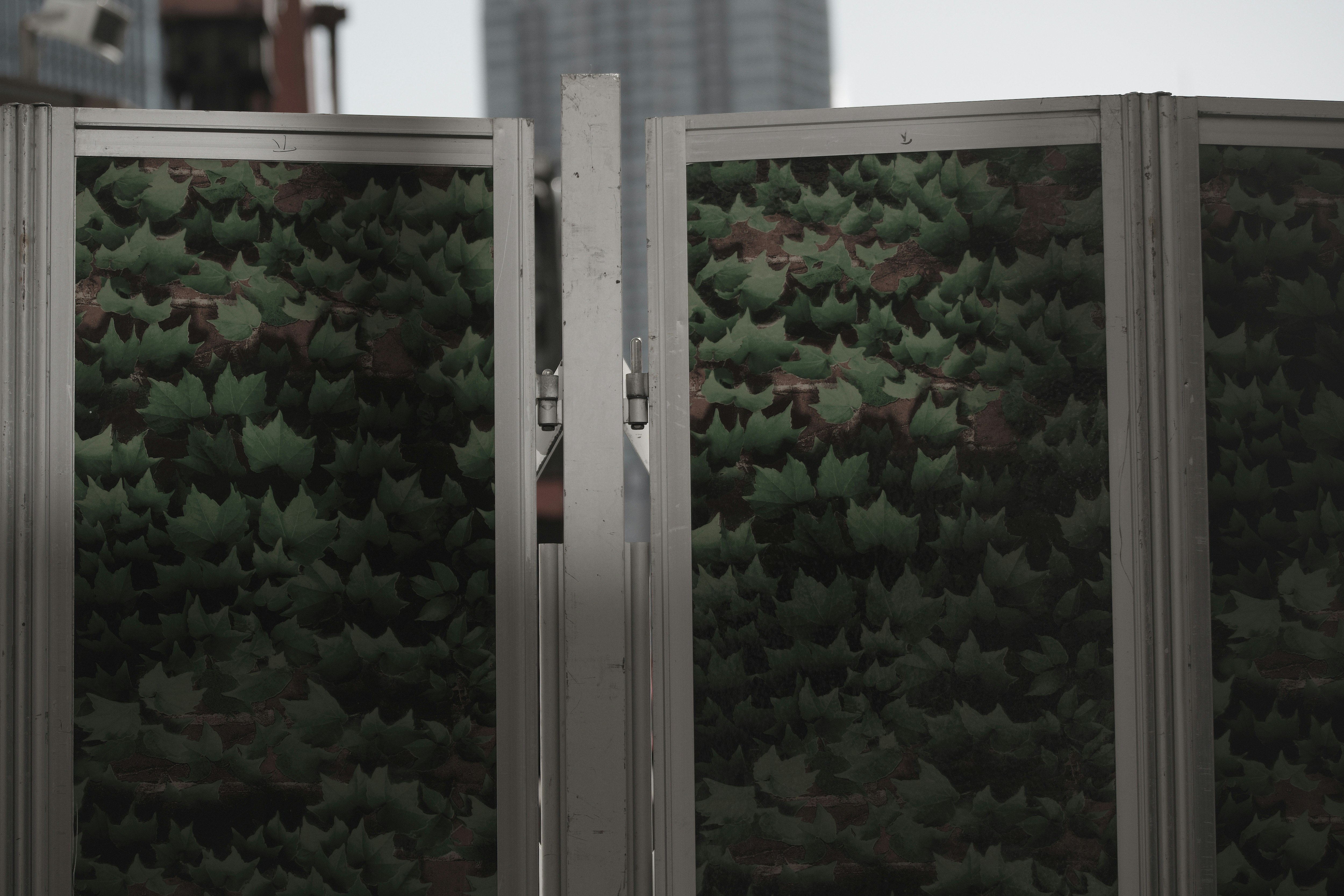 clôture au motif de plantes vertes avec un arrière-plan de ville