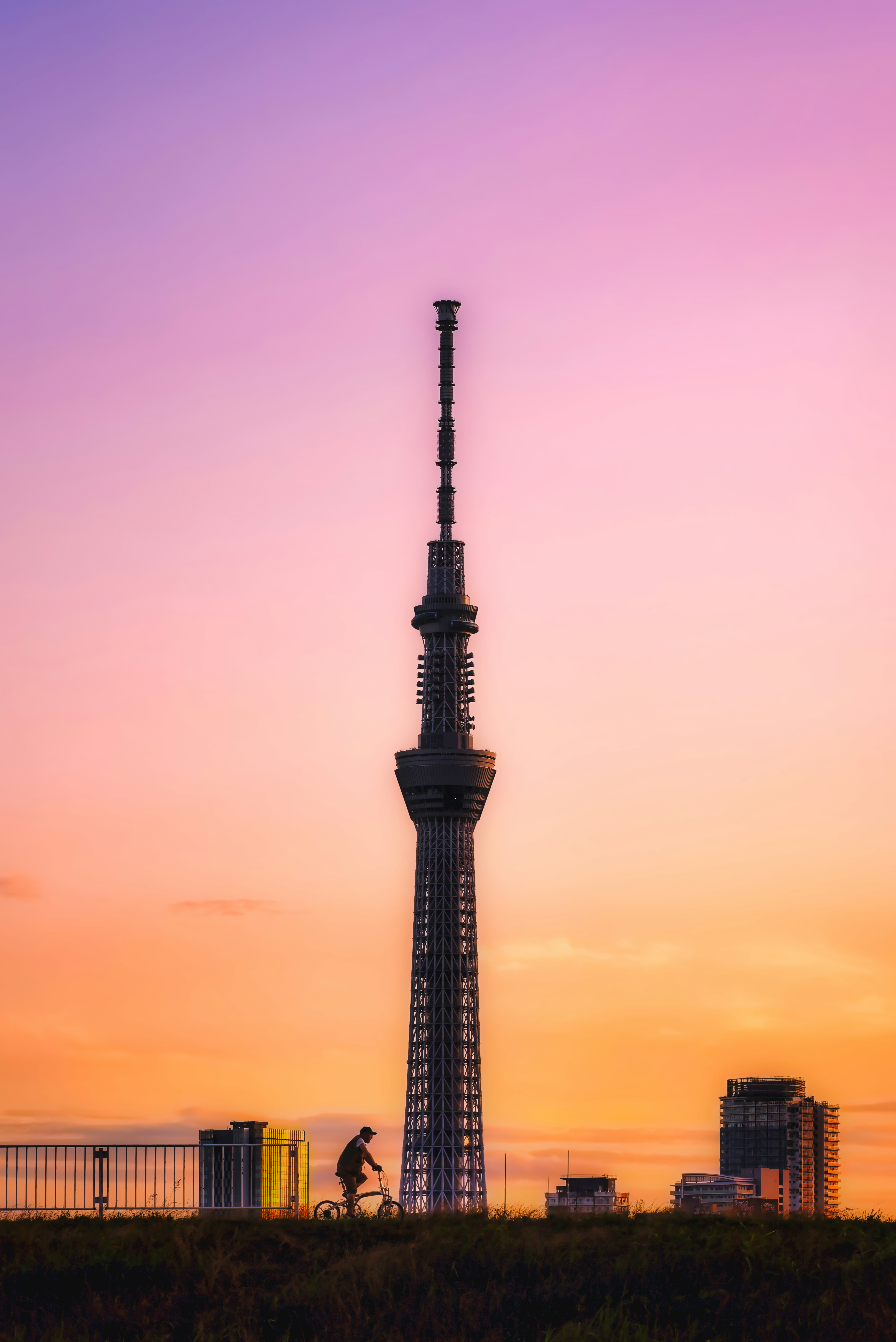 夕焼け空にそびえる東京スカイツリー