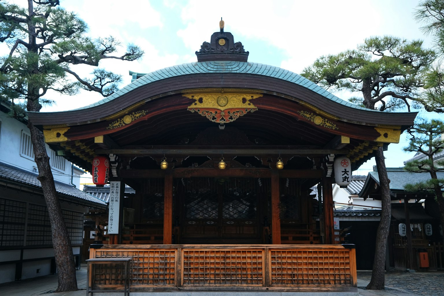 Traditional Japanese shrine building with a beautiful roof and wooden structure